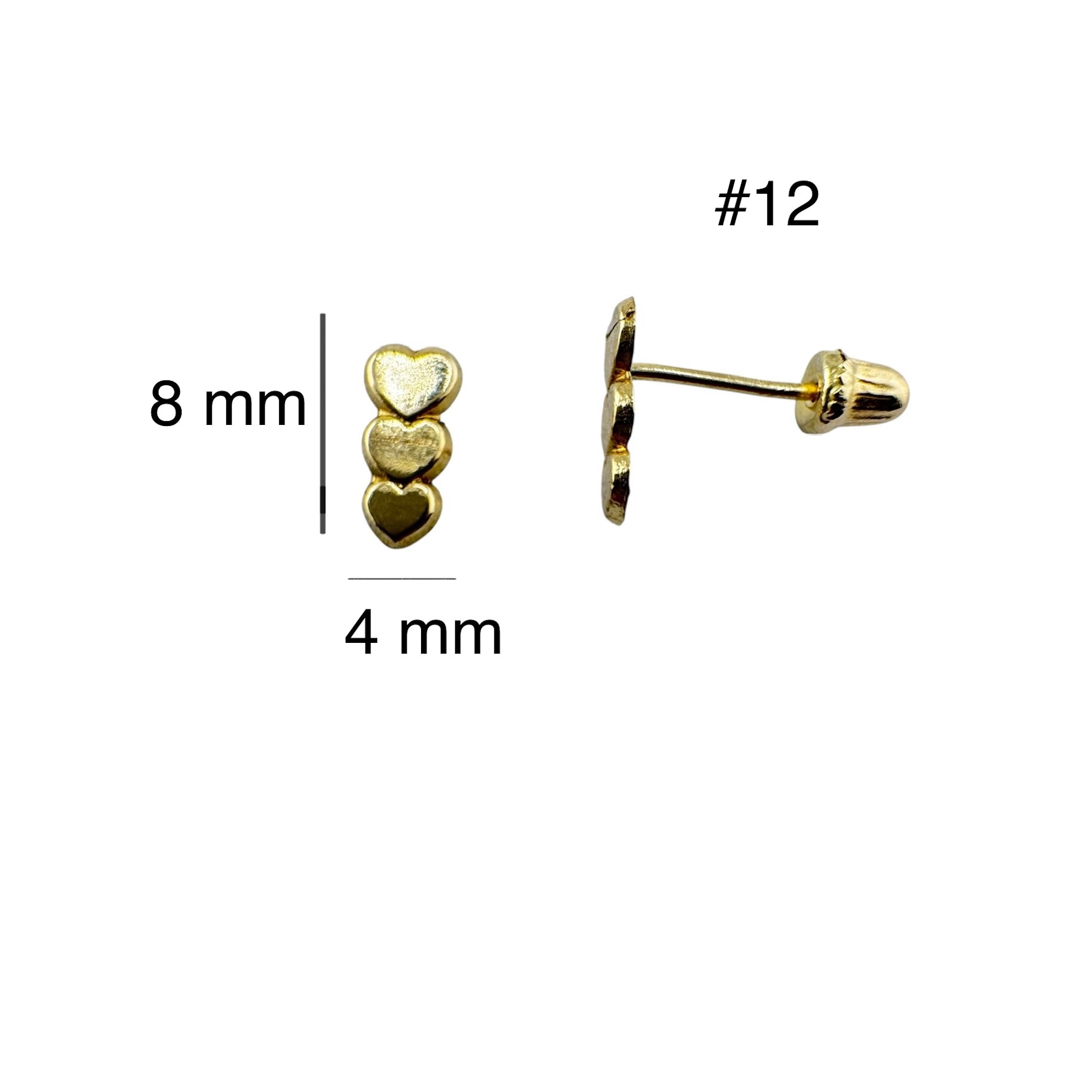 Arete pequeño en oro 14K con cierre de rosca, diseño vertical de tres corazones unidos de 8 x 4 mm, romántico y delicado.