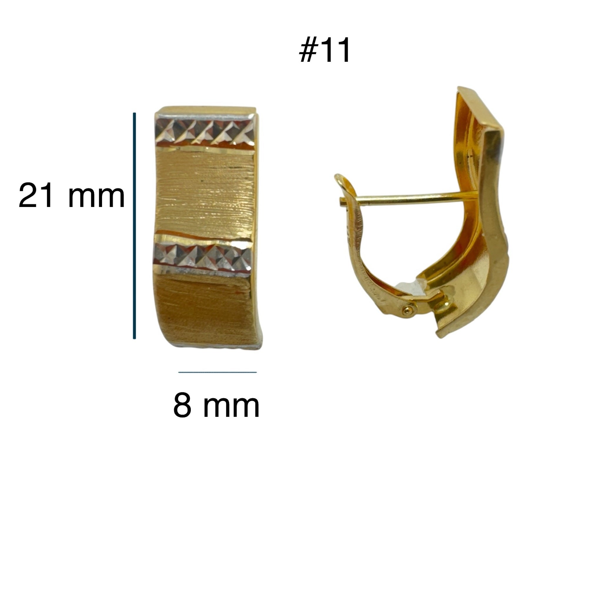 Arete rectangular satinado cierre catalan en Oro 14K, Mostrando medidas, 8x21 mm. TuOro.