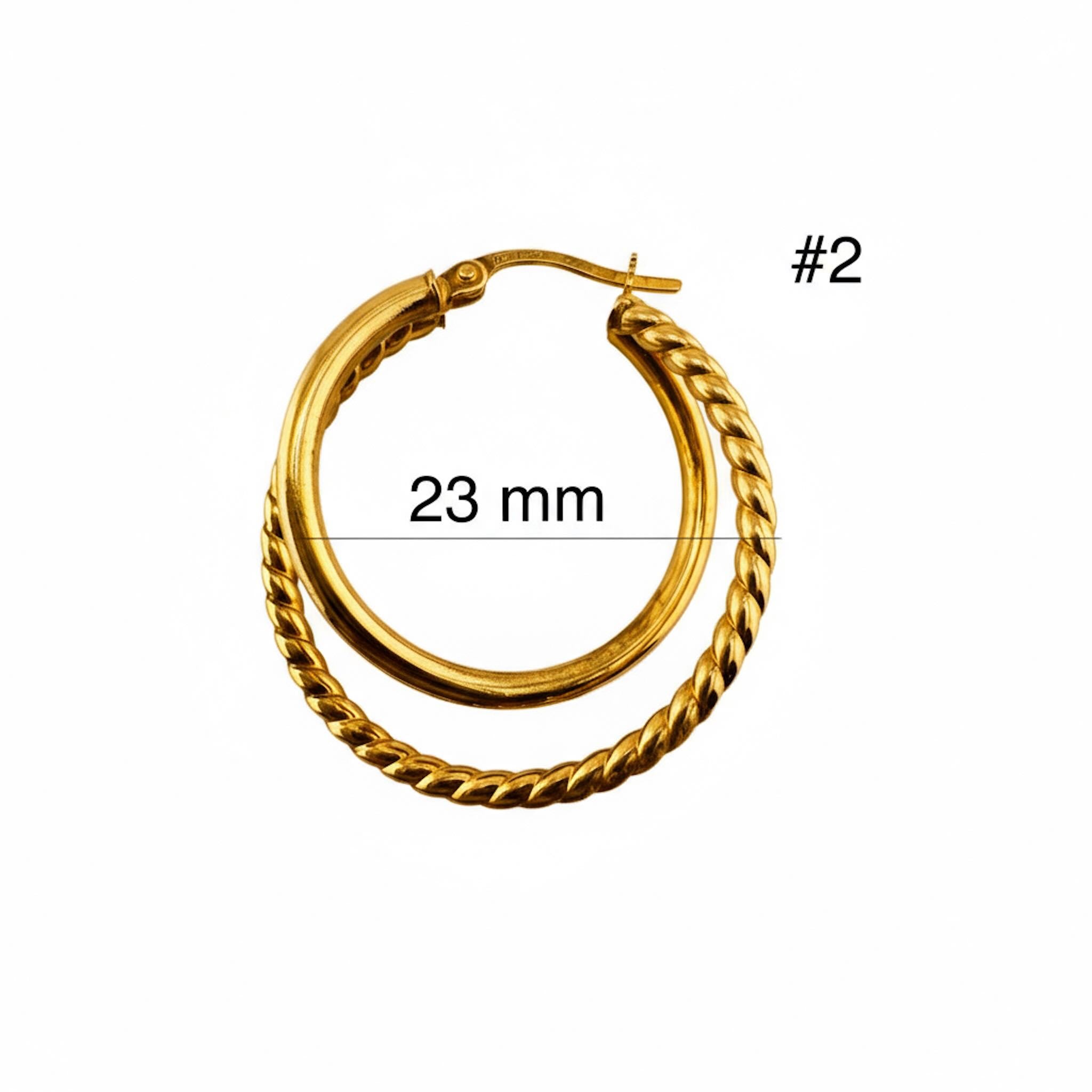 Aretes Argolla Doble Tubo Liso y Torcido en Oro 14K con diámetro aproximado de 23 mm, TuOro