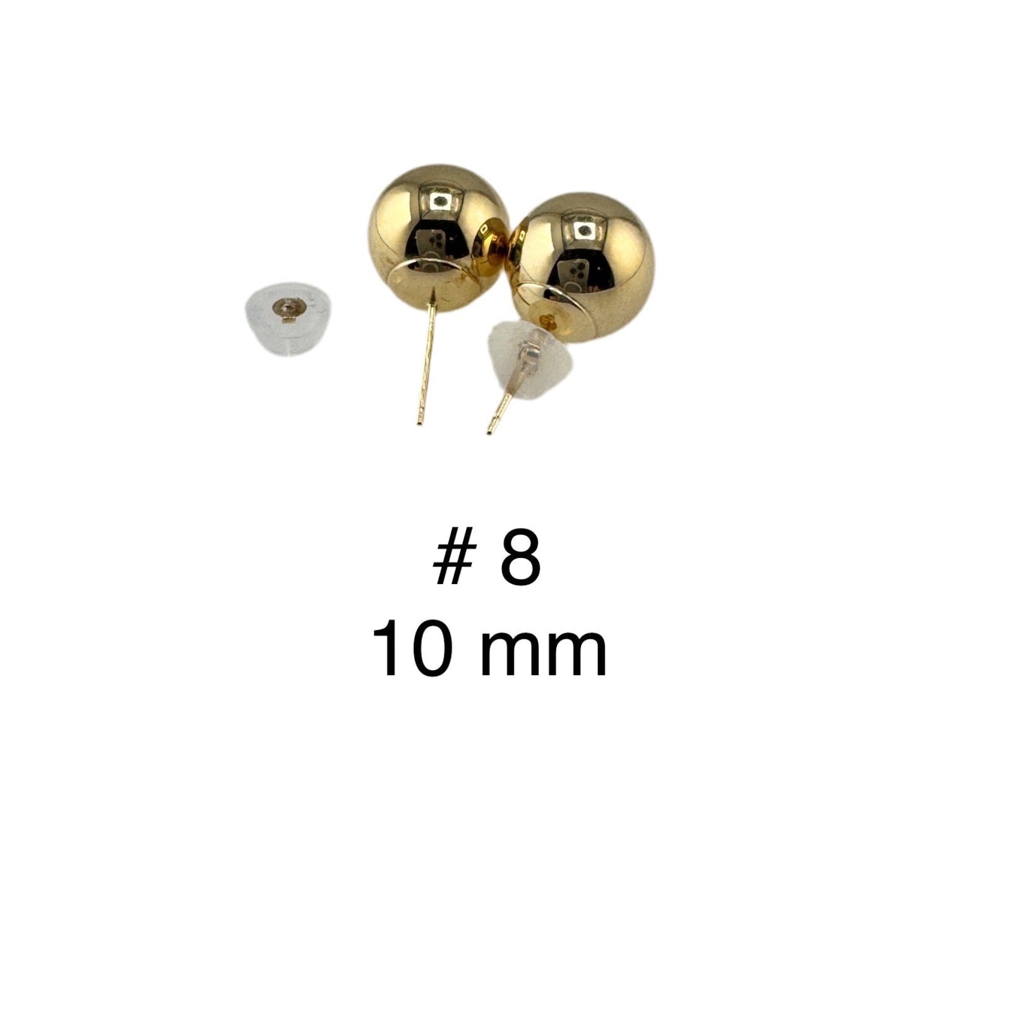 Aretes dormilonas en oro 14k de 10 mm estilo bola, con cierre de presión y disco de seguridad, joyería elegante y resistente para uso diario.