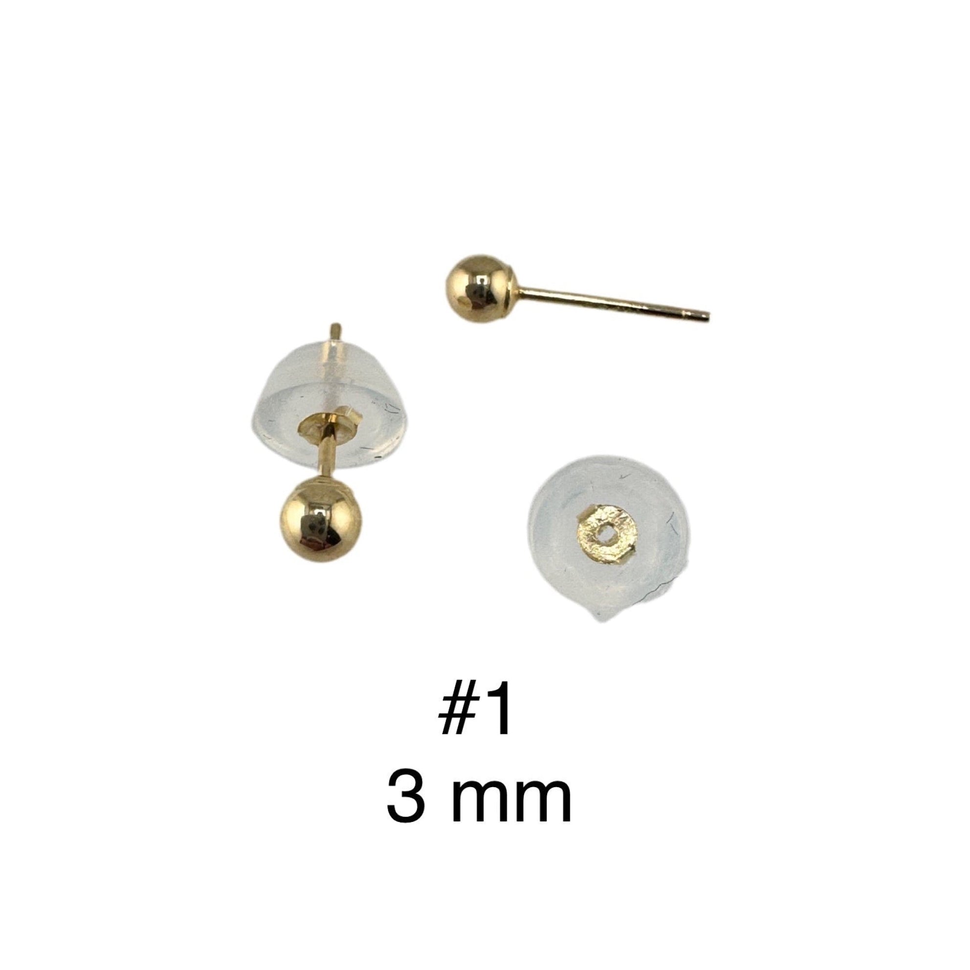 Aretes de bola pequeños en oro 14k de 3 mm con cierre de presión y disco de seguridad, cómodos y elegantes para uso diario.