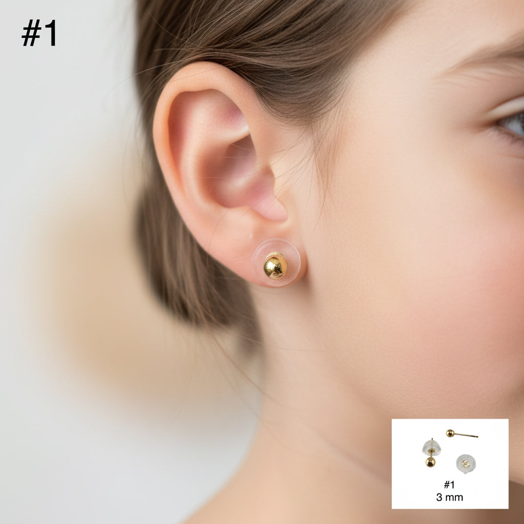 Aretes de bola pequeños en oro 14k de 3 mm con cierre de presión y disco de seguridad, cómodos y elegantes para uso diario, TuOro.