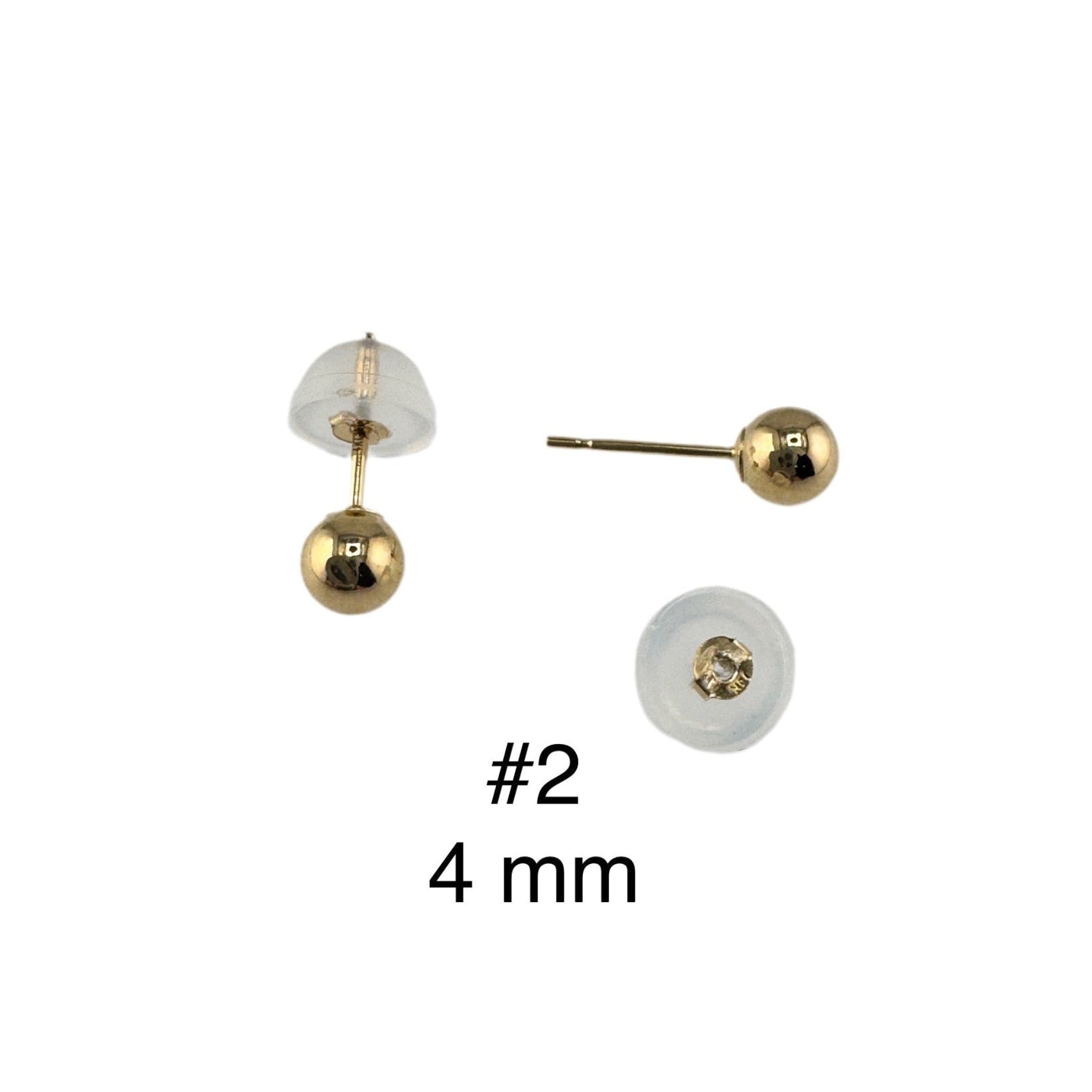 Aretes dormilonas en oro 14k de 4 mm tipo bola con cierre de presión y disco de seguridad, cómodos y elegantes para uso diario.