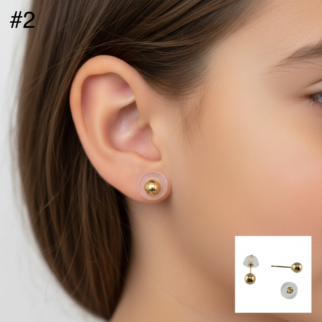 Aretes dormilonas en oro 14k de 4 mm tipo bola con cierre de presión y disco de seguridad, cómodos y elegantes para uso diario, TuOro.