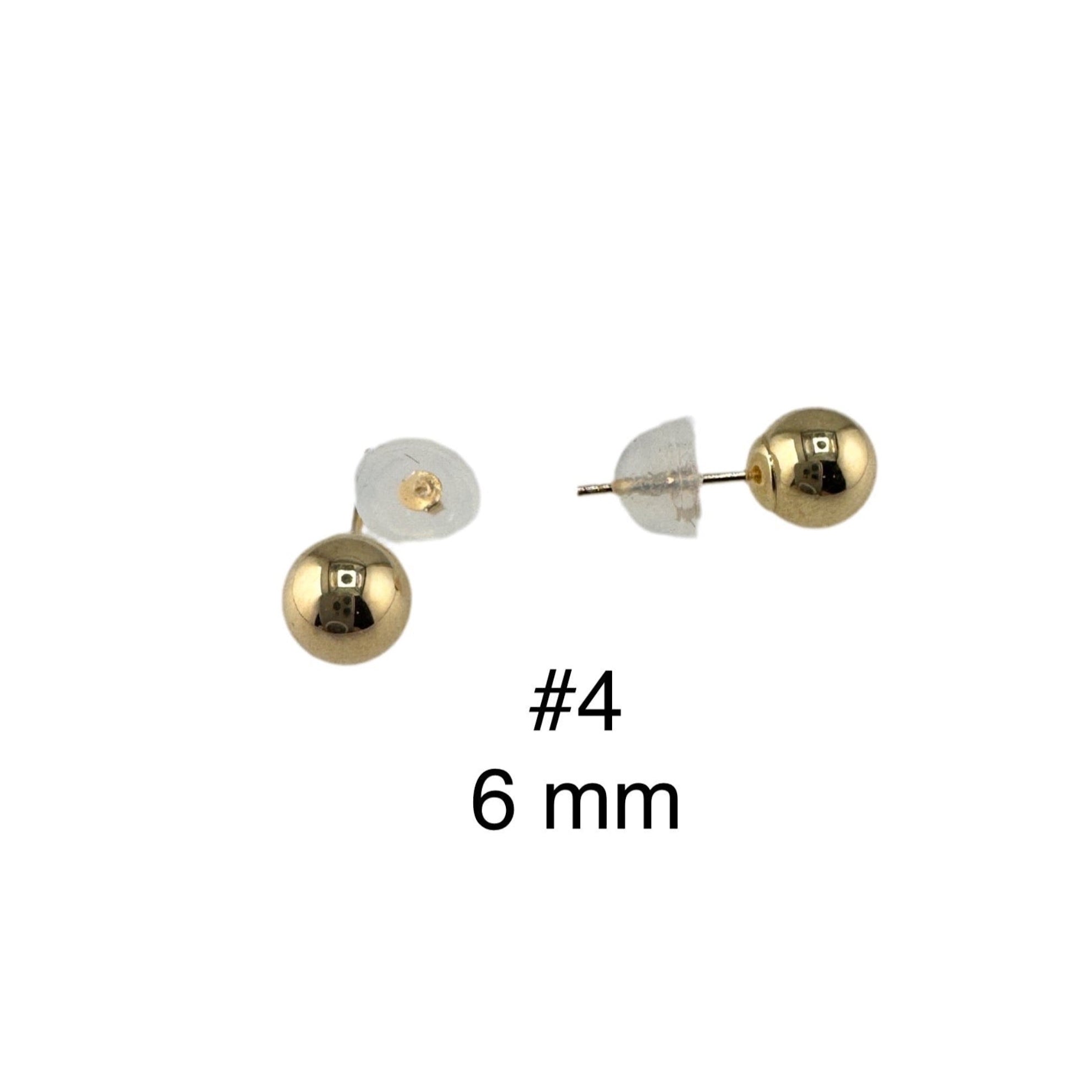 Aretes dormilonas en oro 14k de 6 mm con diseño de bola, cierre de presión y disco de seguridad, ideales para uso diario elegante.