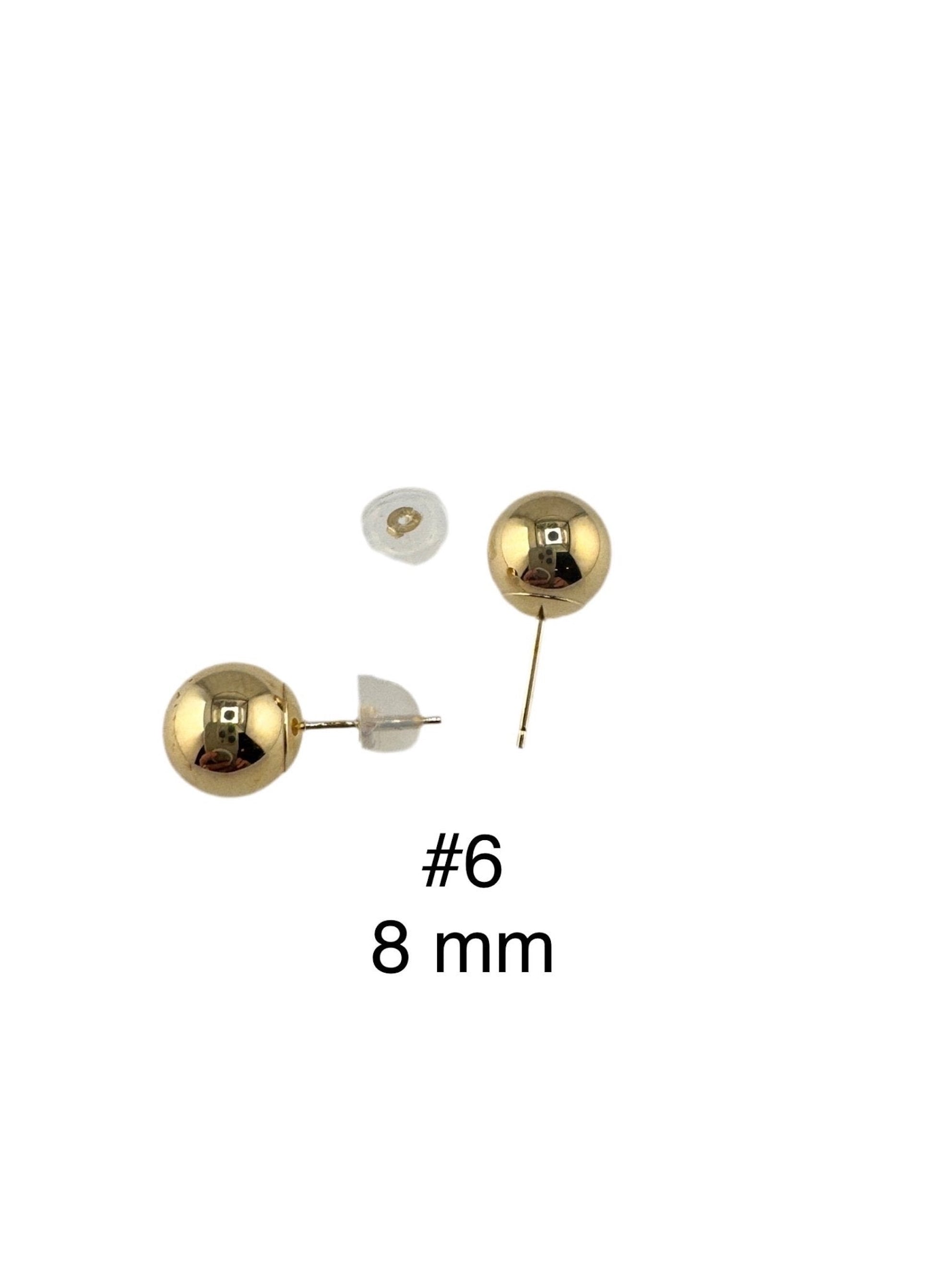 Aretes dormilonas en oro 14k de 8 mm con diseño de bola, cierre de presión y disco de seguridad, joya elegante y cómoda para uso diario