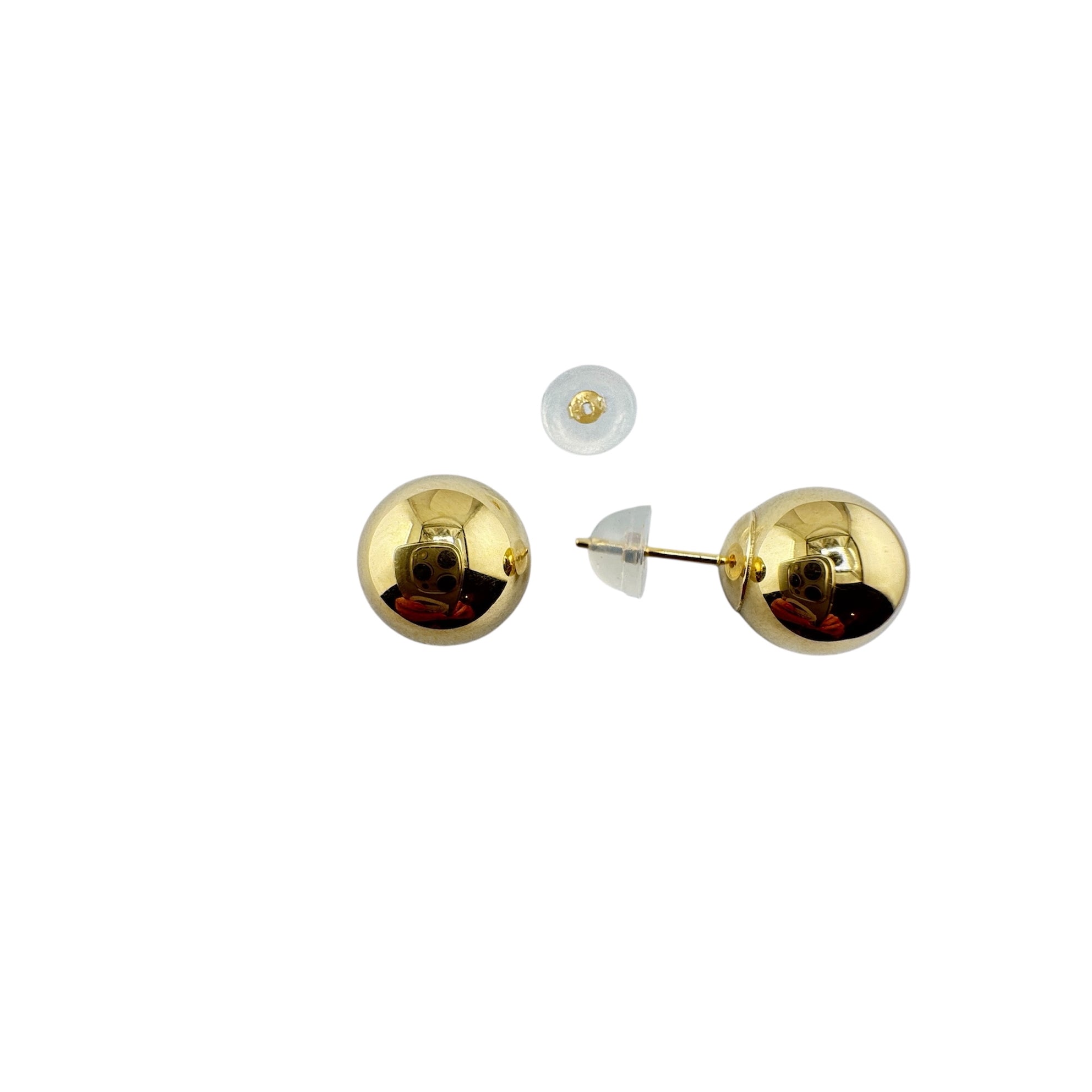 Aretes pequeños en forma de bola de oro 14k con cierre de presión y disco de seguridad, elegantes y seguros para uso diario.