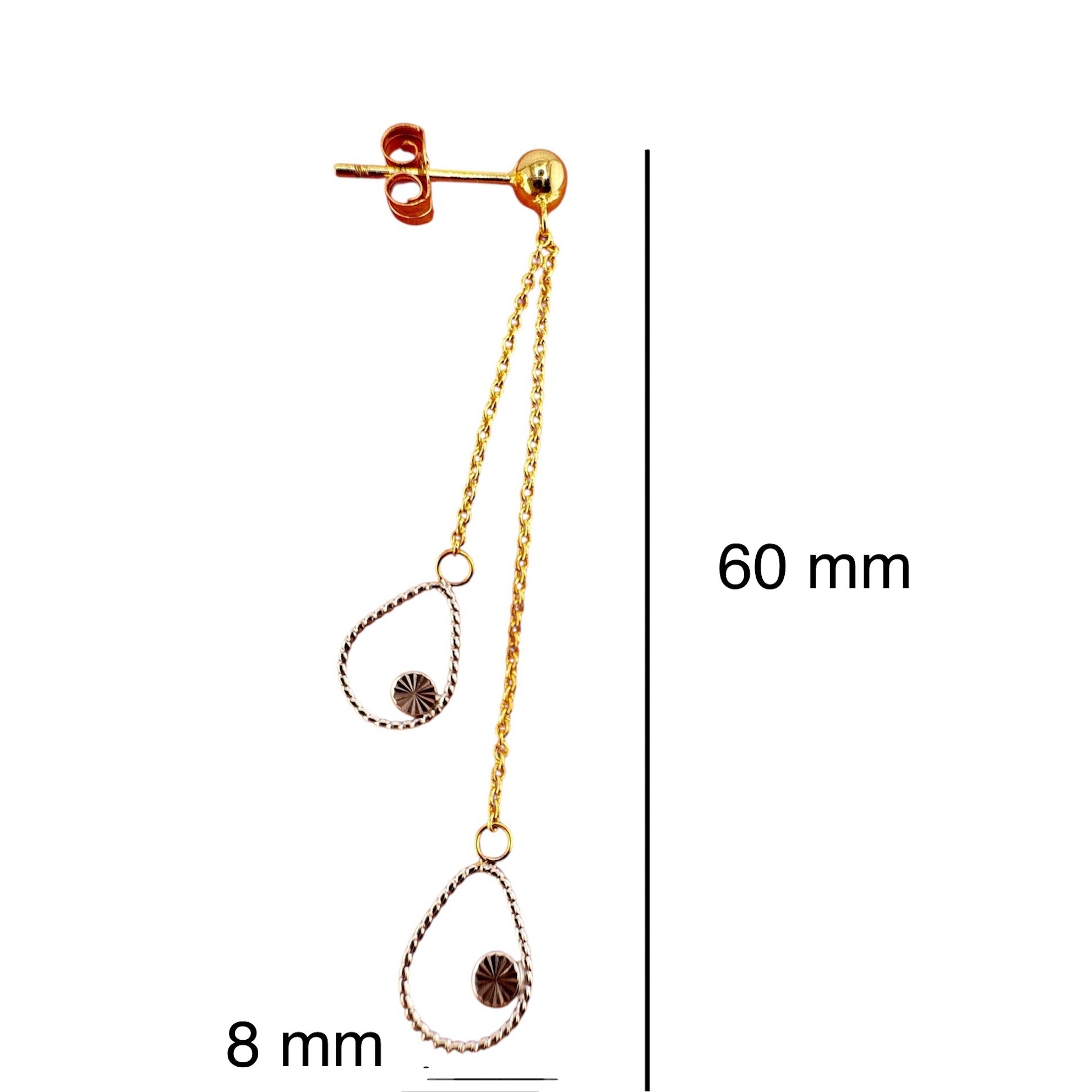 Arete colgante doble gota en oro 14K, 60 mm de largo, con cierre mariposa seguro y diseño elegante bicolor, ideal para ocasiones especiales y uso diario.