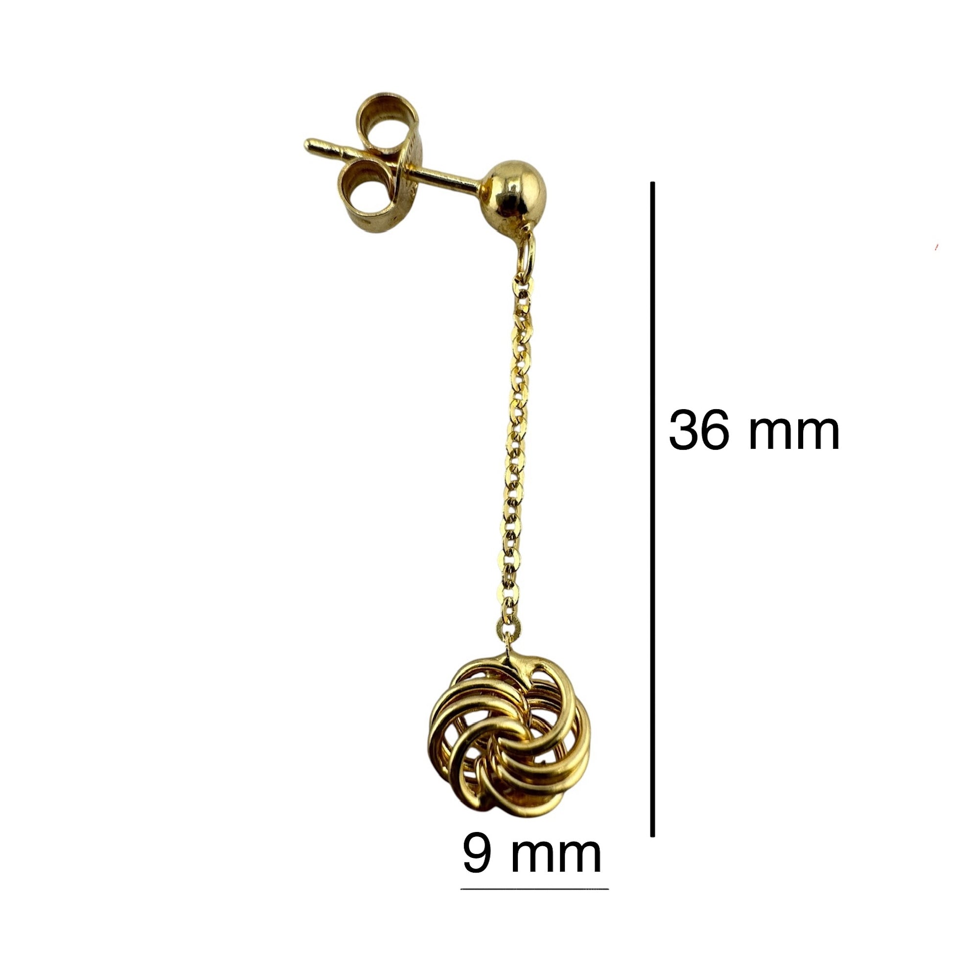 Arete colgante de 36 mm en oro 14K diseño nudo celta, con cierre mariposa seguro y elegante para uso diario o regalo especial.