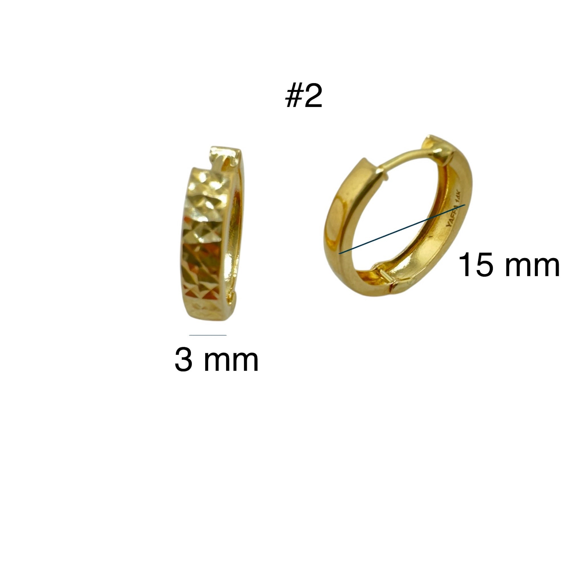 Aret.esw cortos cierre huggies, en Oro 14K, diamantados parcial solo el frente con medidas 15x3. TuOro.