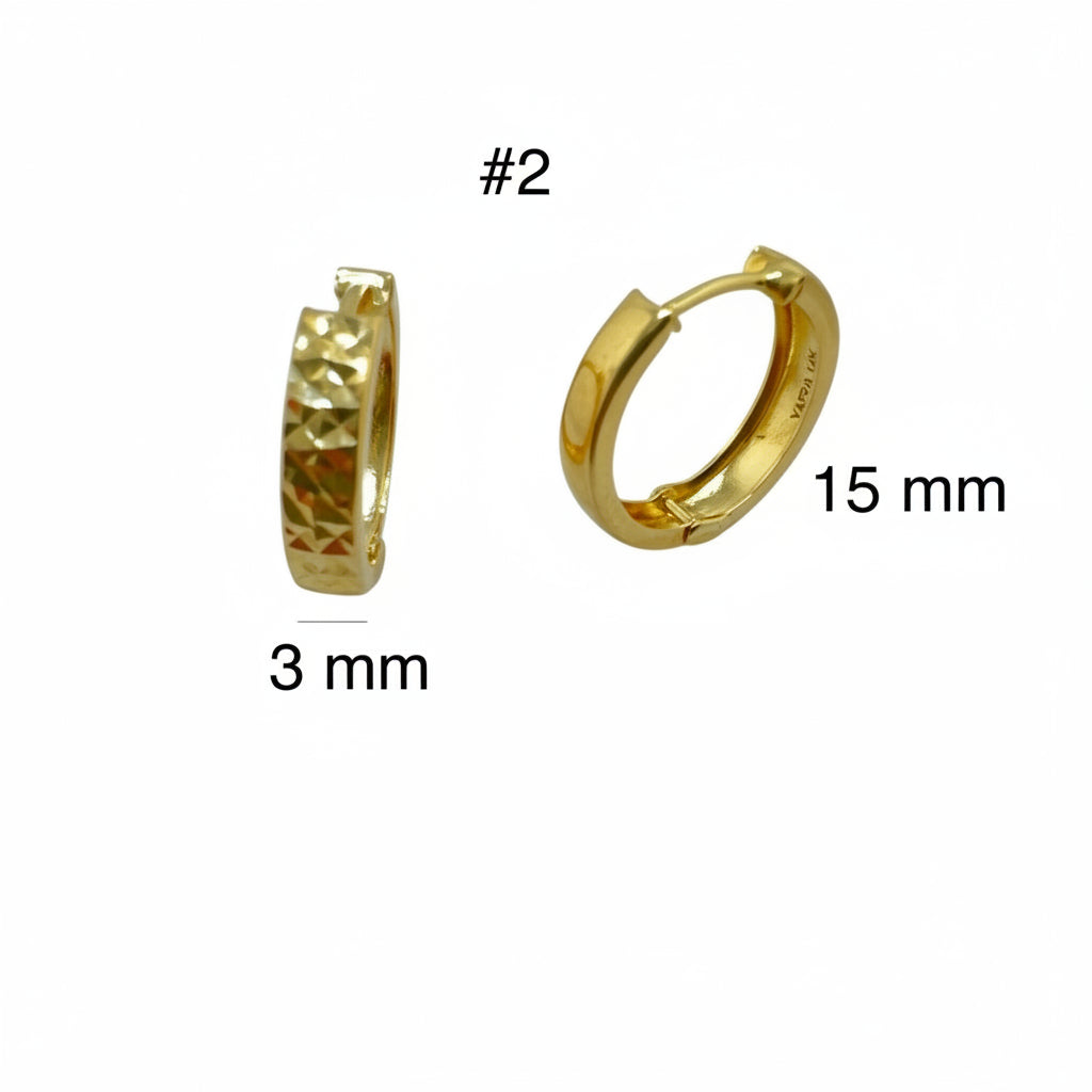 Aret.esw cortos cierre huggies, en Oro 14K, diamantados parcial solo el frente con medidas 15x3. TuOro.