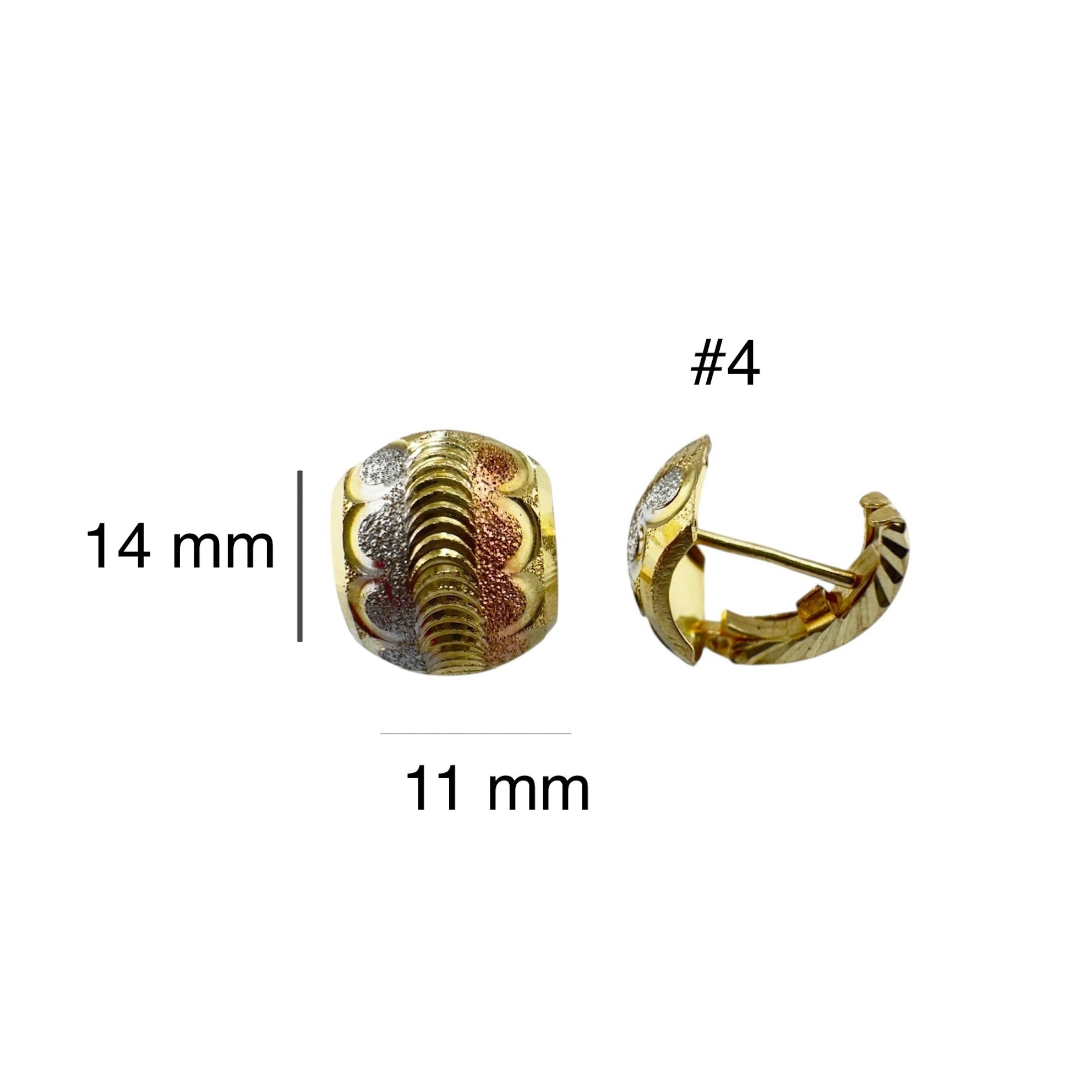Aretes cortos en oro 14k con cierre de pin y clip de presión, diseño circular tricolor texturizado, medida 14 x 9 mm