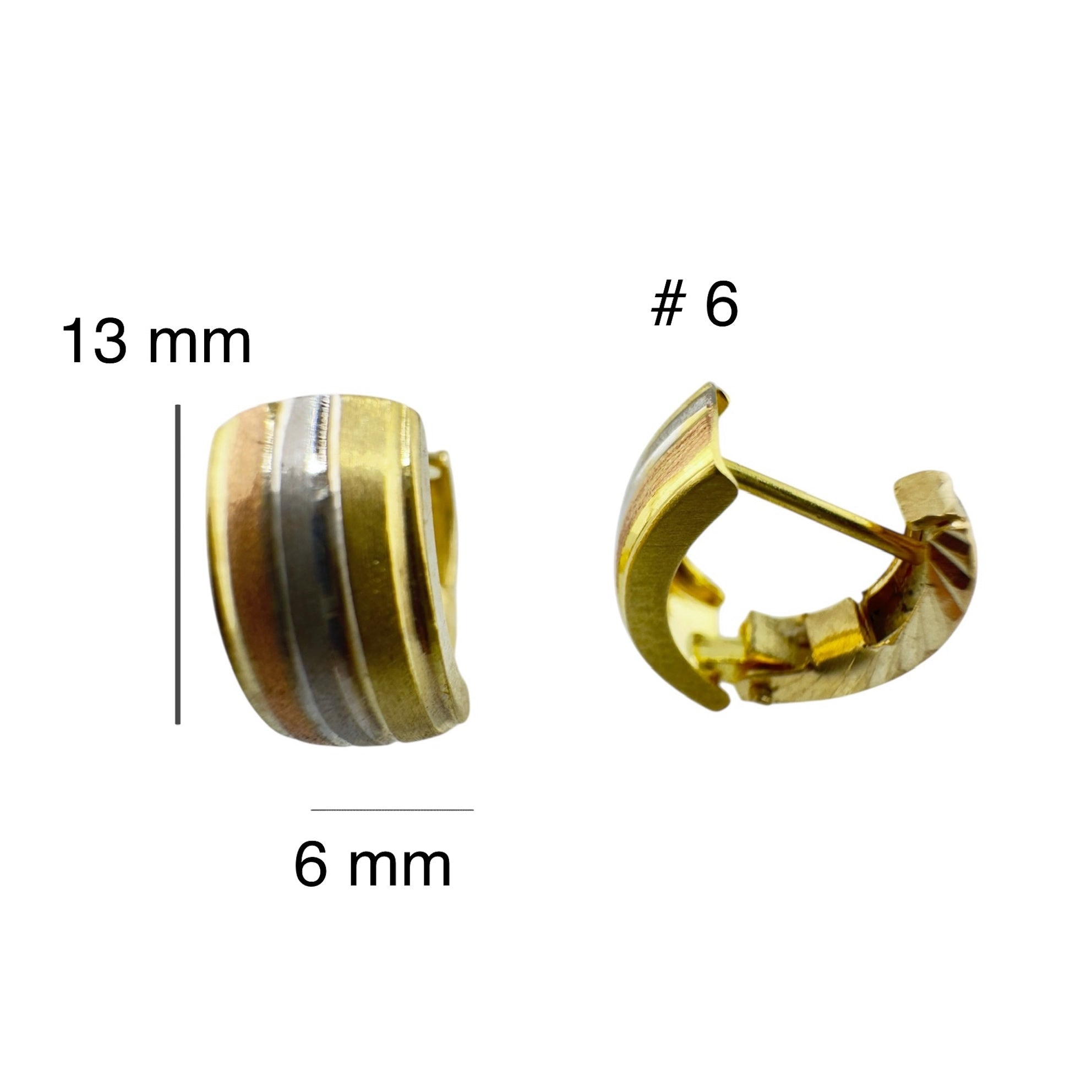 Aretes cortos en oro 14k con cierre de pin y clip de presión, diseño tricolor de bandas lisas, medida 13 x 6 mm