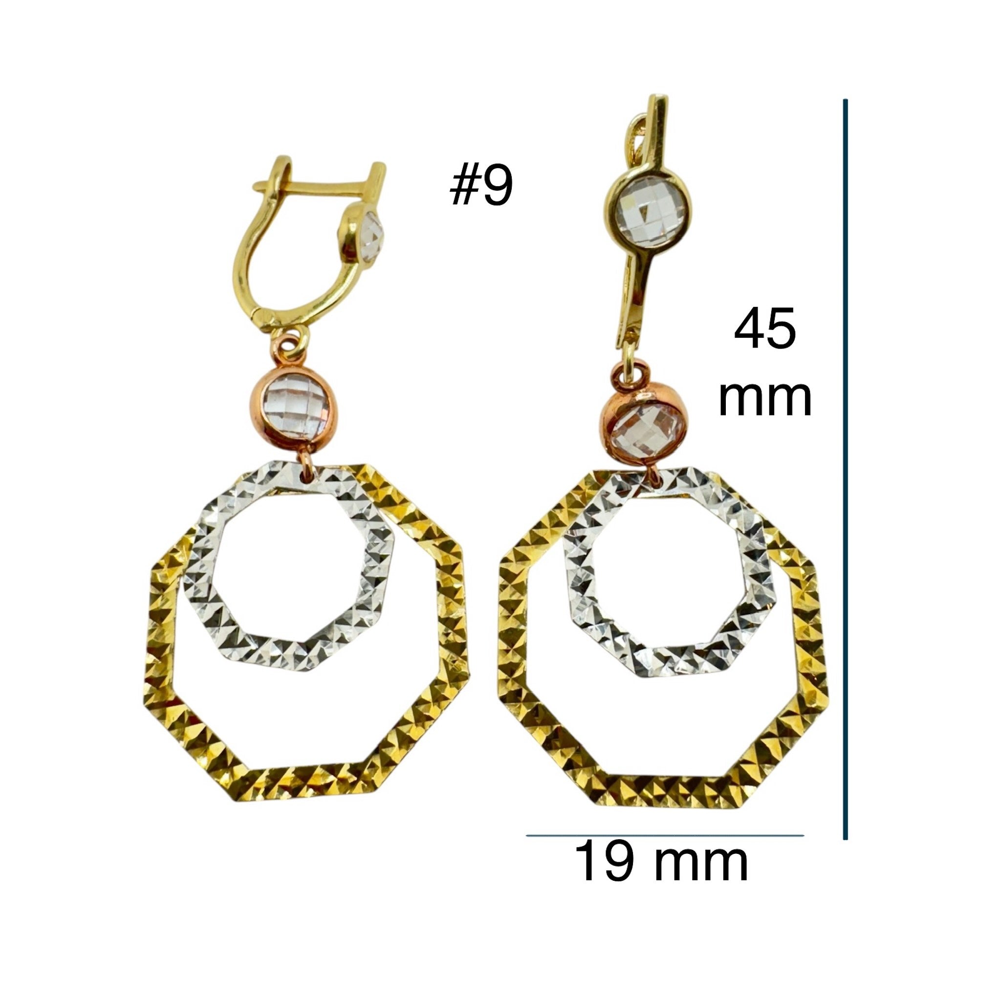 Arete largos doble octagono cierre catalan Oro 14K, 19x45 mm, mostrando las medidas. TuOro.