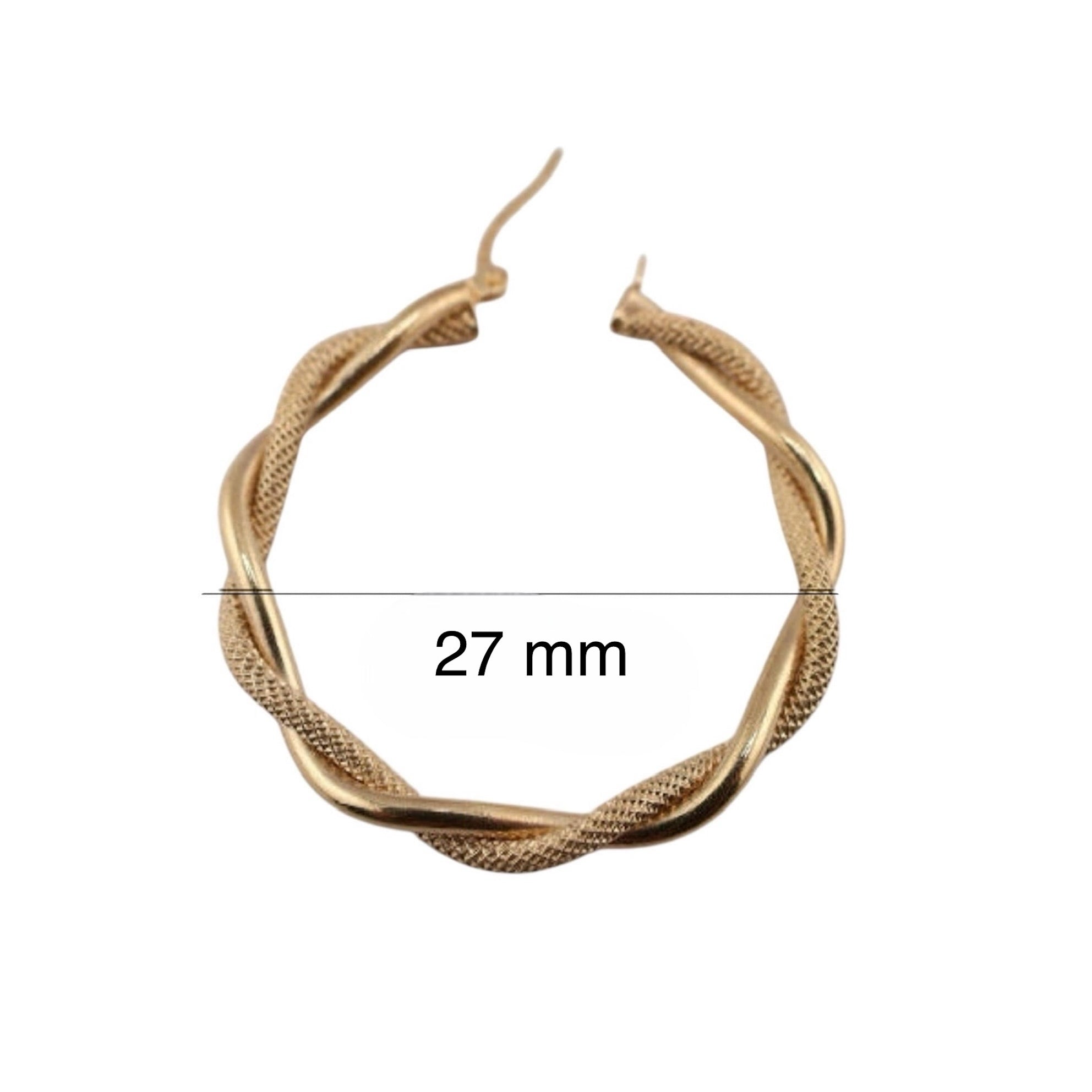 Aretes de aro dúo retorcidos en oro 14K con acabado satinado y liso – 27 mm de diámetro – Joyería TuOro