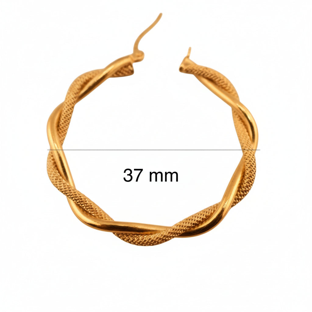 Aretes de aro dúo retorcidos en oro 14K con acabado satinado y liso – 37 mm de diámetro – Joyería TuOro