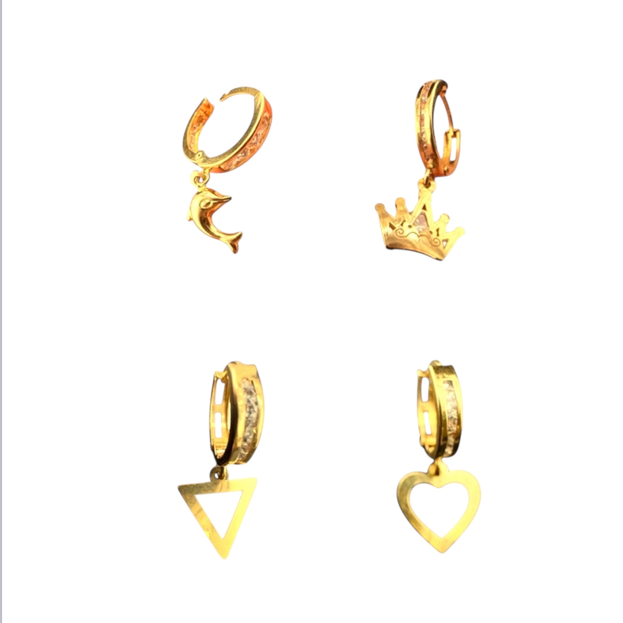 Aretes medianos huggie en oro 14K con diseños colgantes de delfín, corona, triángulo y corazón — ideales para regalo y uso diario