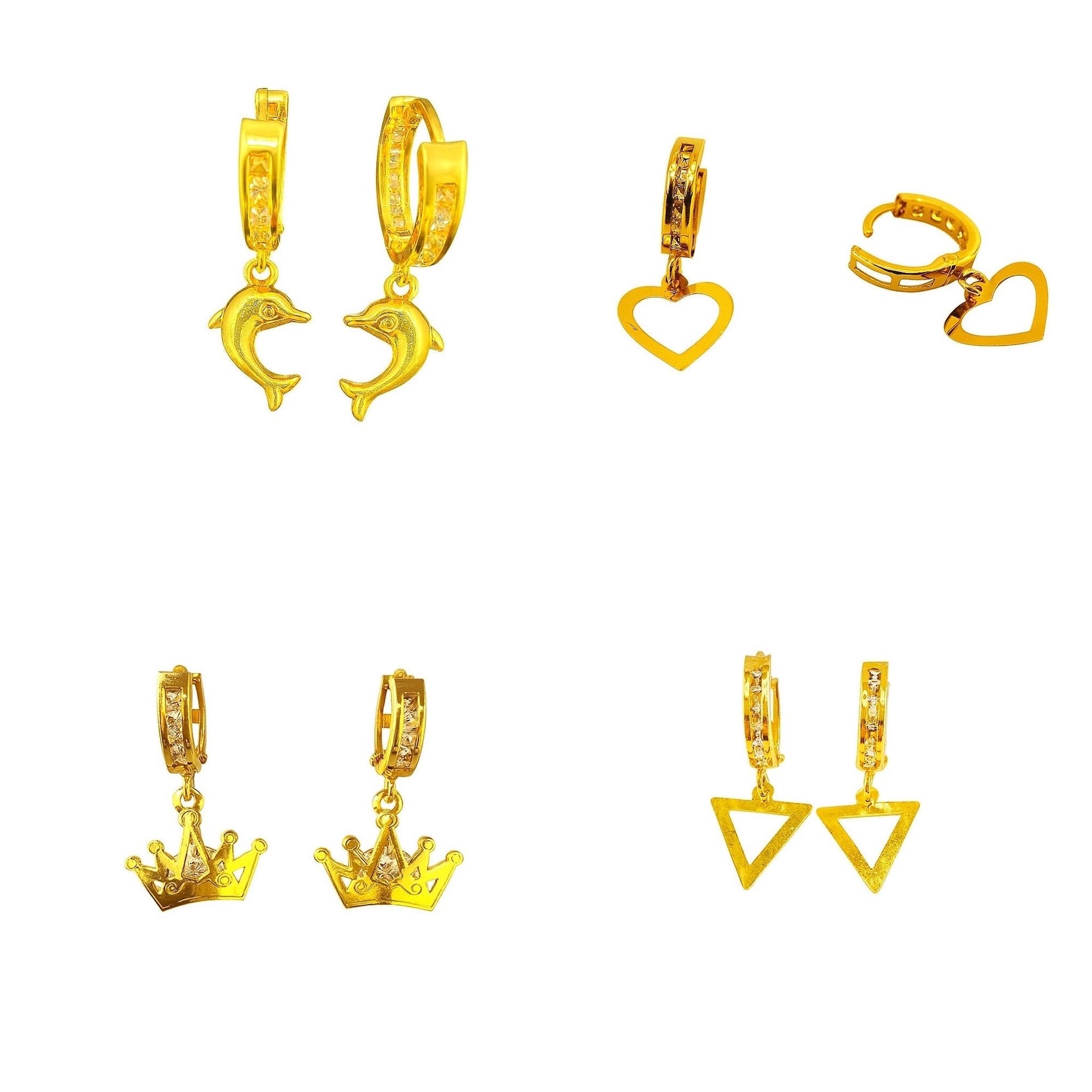 Aretes medianos huggie en oro 14K con dijes colgantes de formas variadas: corazón, triángulo, corona y figura ondulada. Diseño versátil, moderno y brillante.