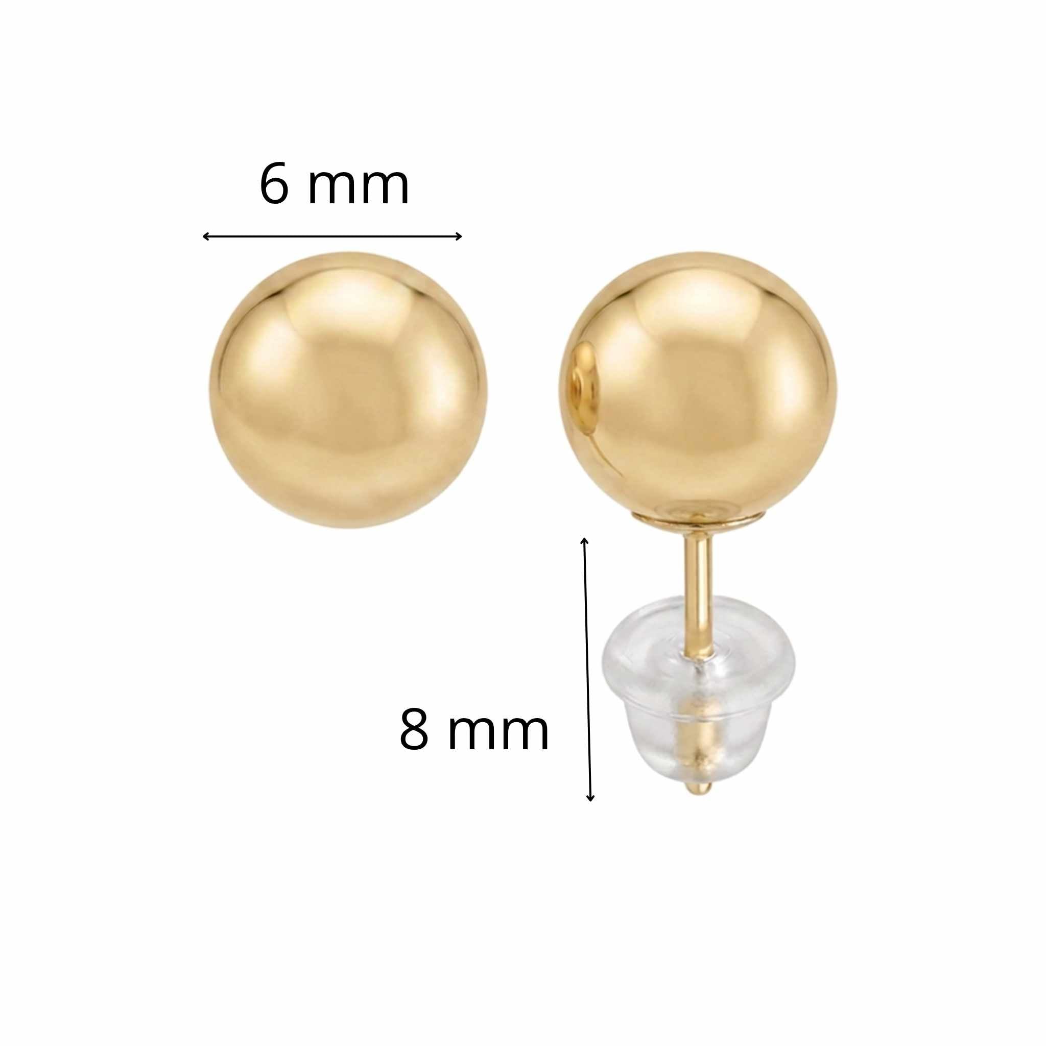 Arete pequeño en oro 10K con cierre a presión tipo bola lisa de 6 mm, con medidas y vista lateral.