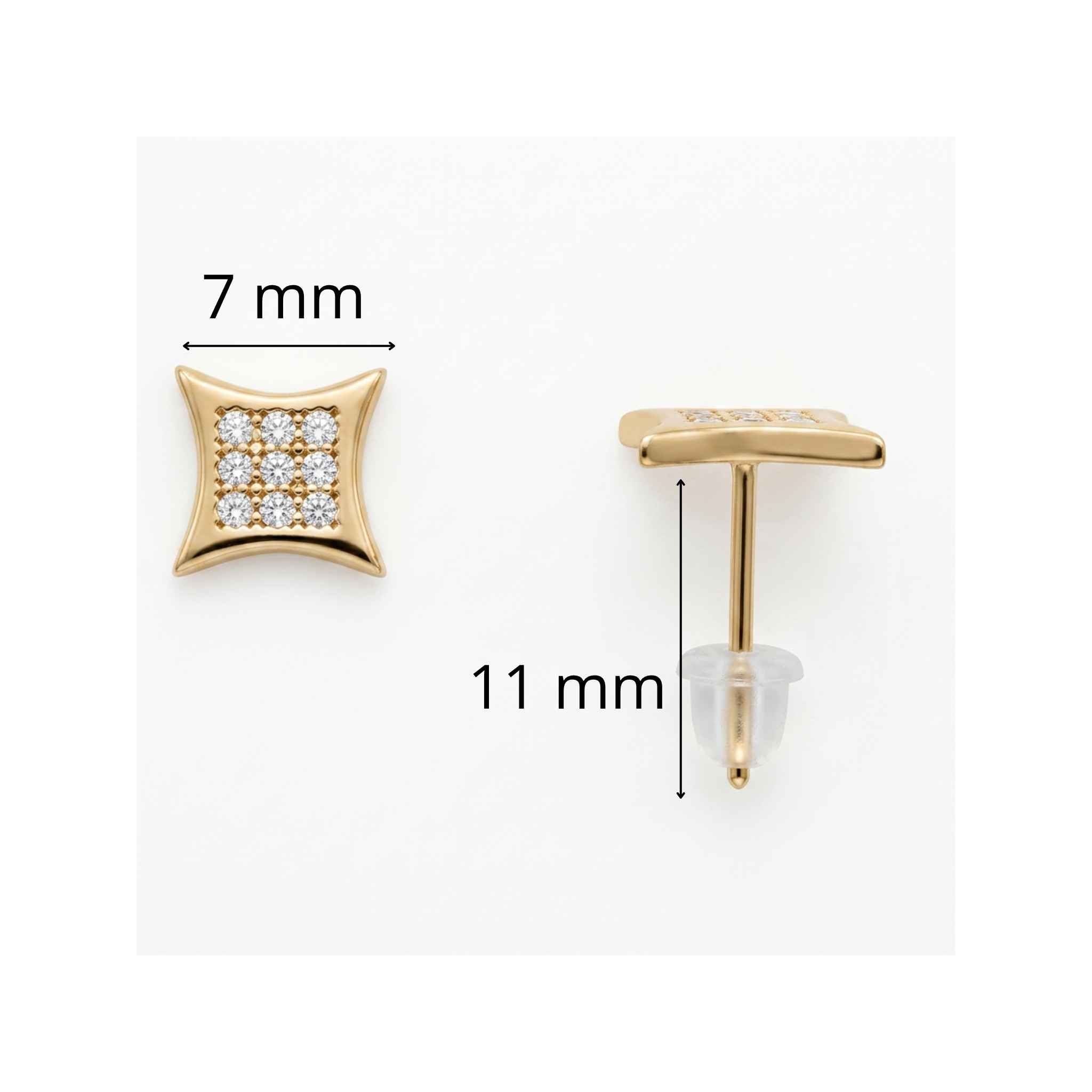 Arete pequeño en oro 10K con cierre a presión, diseño cuadrado de 7 mm con circonias, medidas y vista lateral.