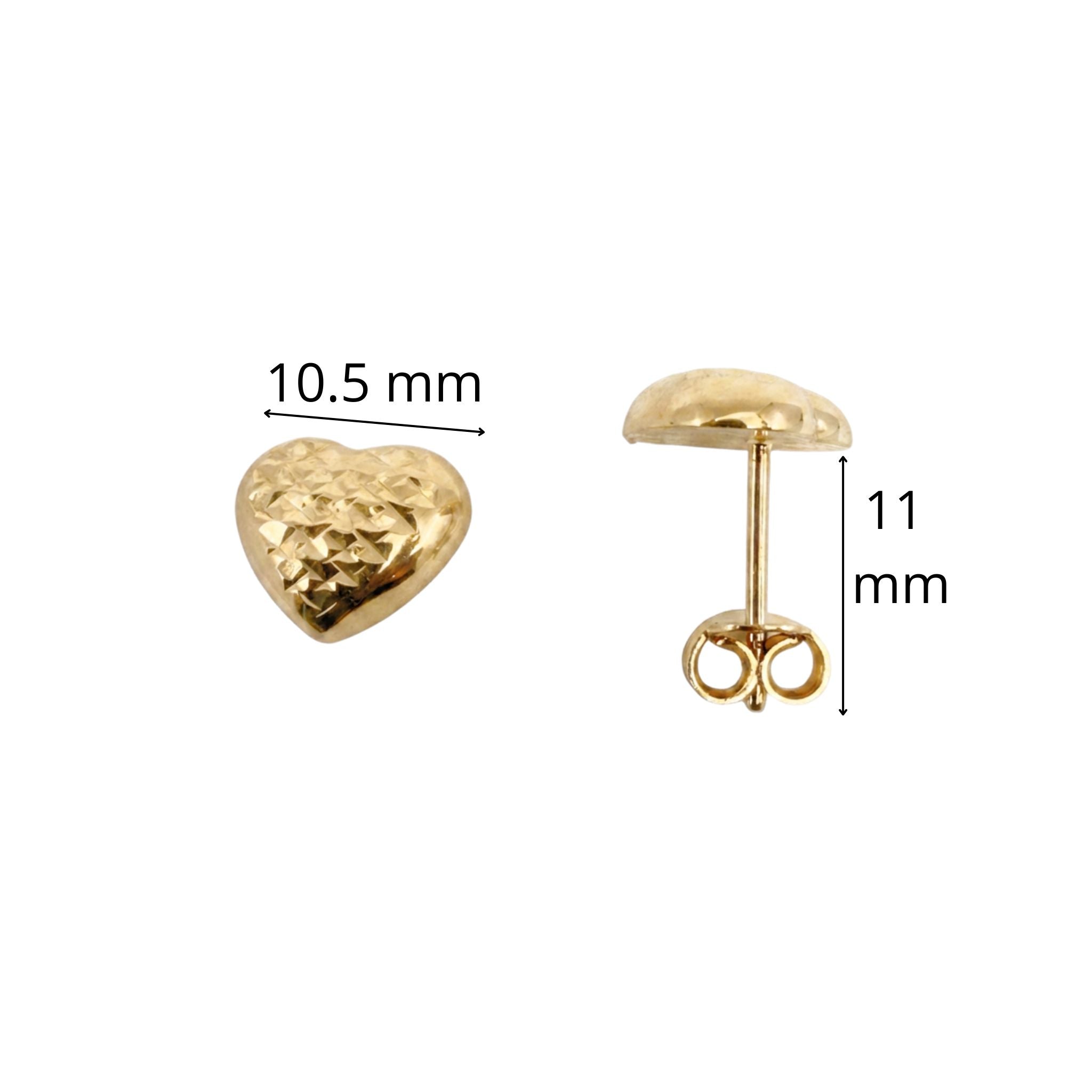 Aretes TuOro® de Oro 10K con corazón pequeño diamantado de 10.5 mm y cierre de mariposa, vista con medidas