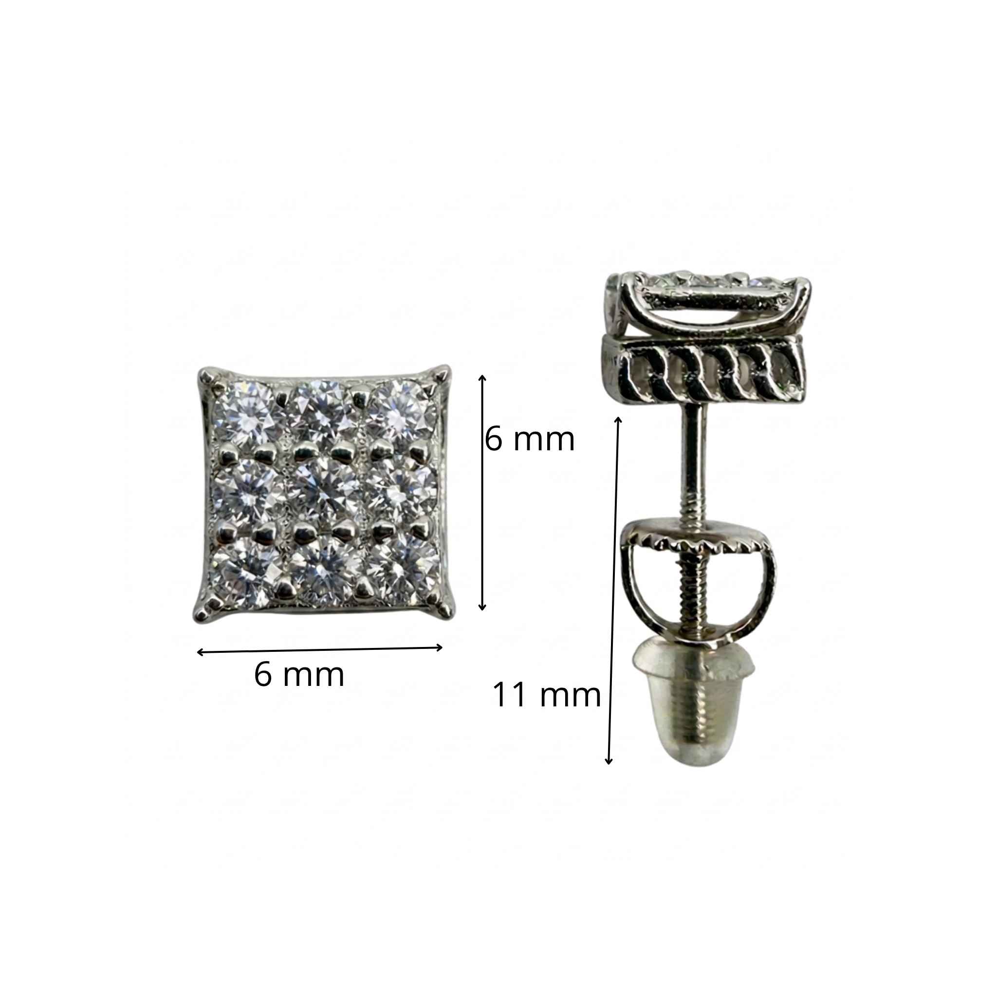 Aretes de Plata 925 con cierre de rosca y circonias cuadradas de 6 mm mostrando medidas y sistema de rosca de seguridad, TuOro.