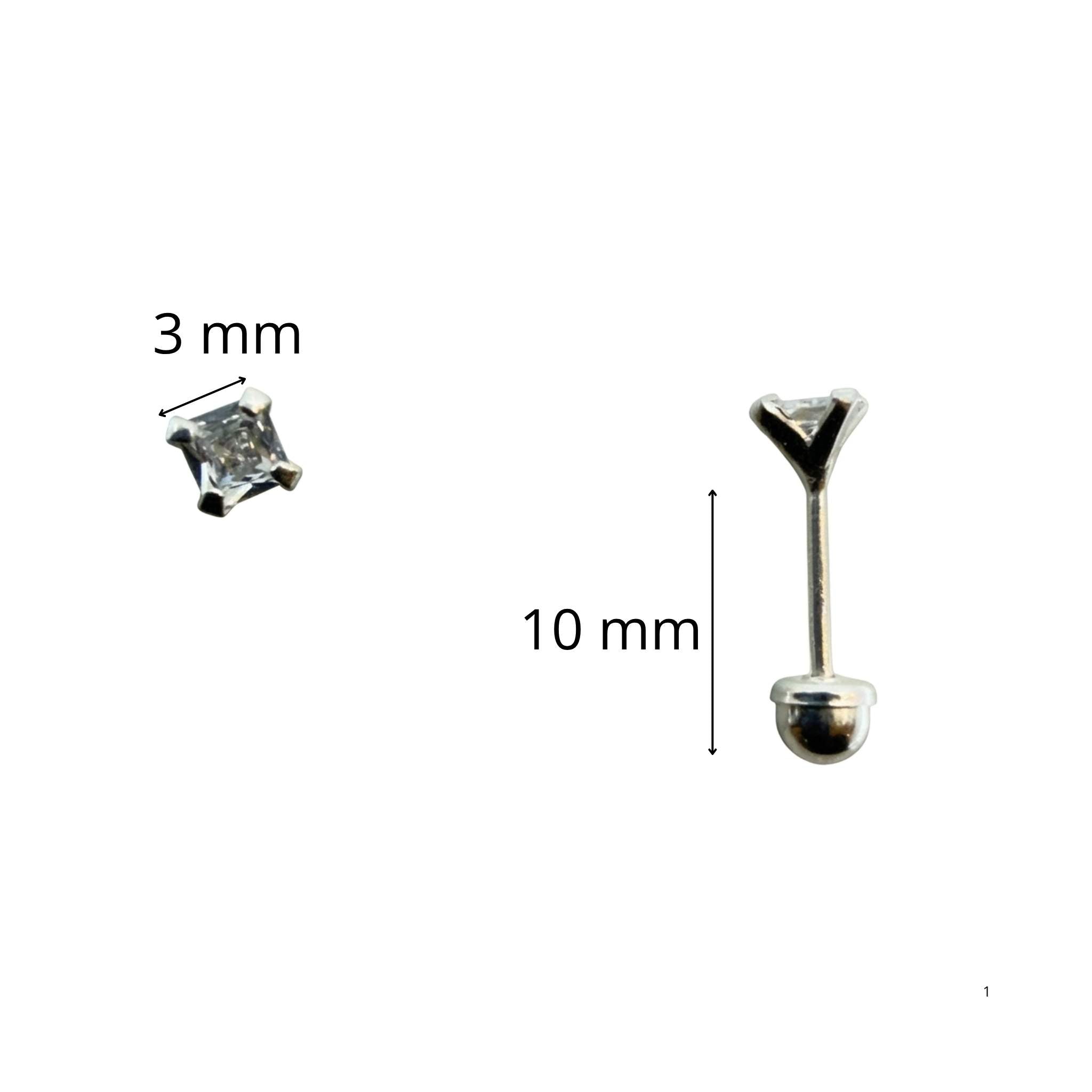 Arete de Plata 925 con circonia cuadrada de 3 mm y rosca de seguridad, tamaño pequeño ideal para uso diario, TuOro.