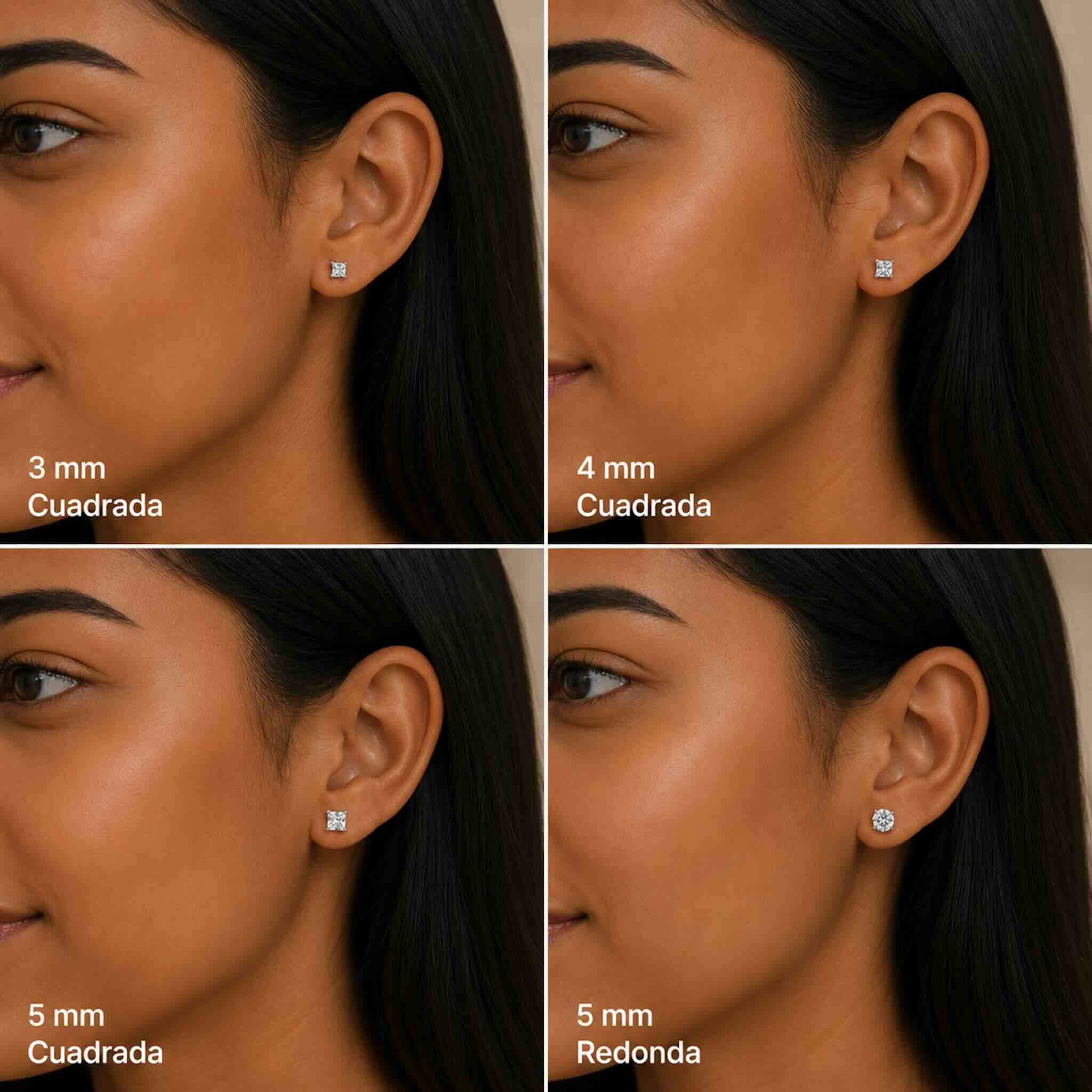 Comparación de tamaños de aretes de Plata 925 con circonias y rosca de seguridad de 3 mm, 4 mm, 5 mm cuadrada y 5 mm redonda en modelo femenina, TuOro.