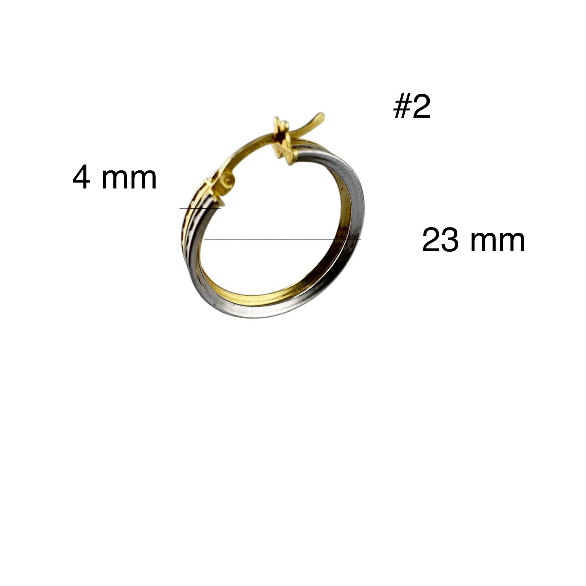 “Argolla de oro 14K con diseño de doble aros bicolor y circonias, medida 4 x 23 mm, elegante y brillante.”