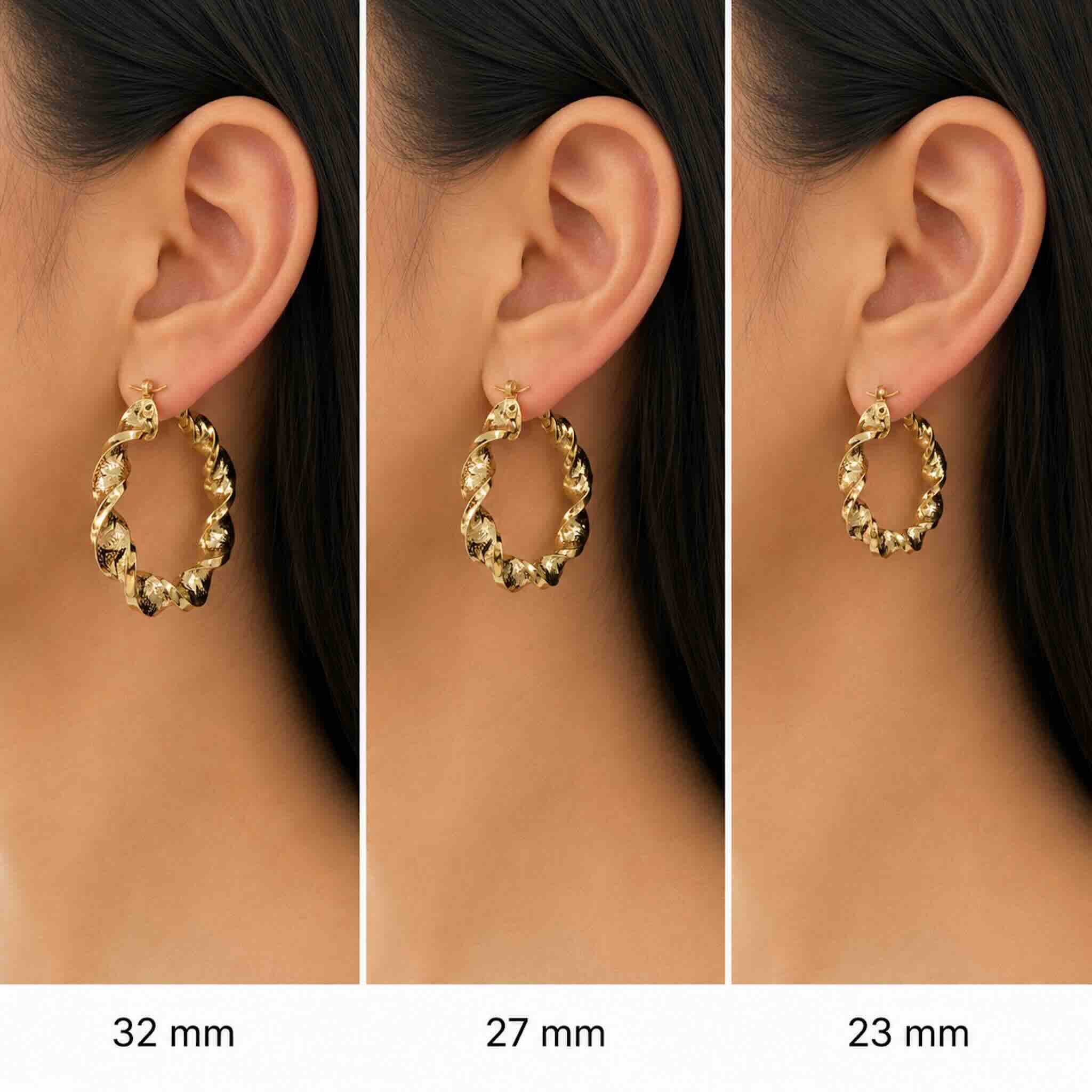 Mujer joven luciendo argollas en espiral de Oro 10K con grosor de 6 mm en tres tamaños: 32 mm, 27 mm y 23 mm.