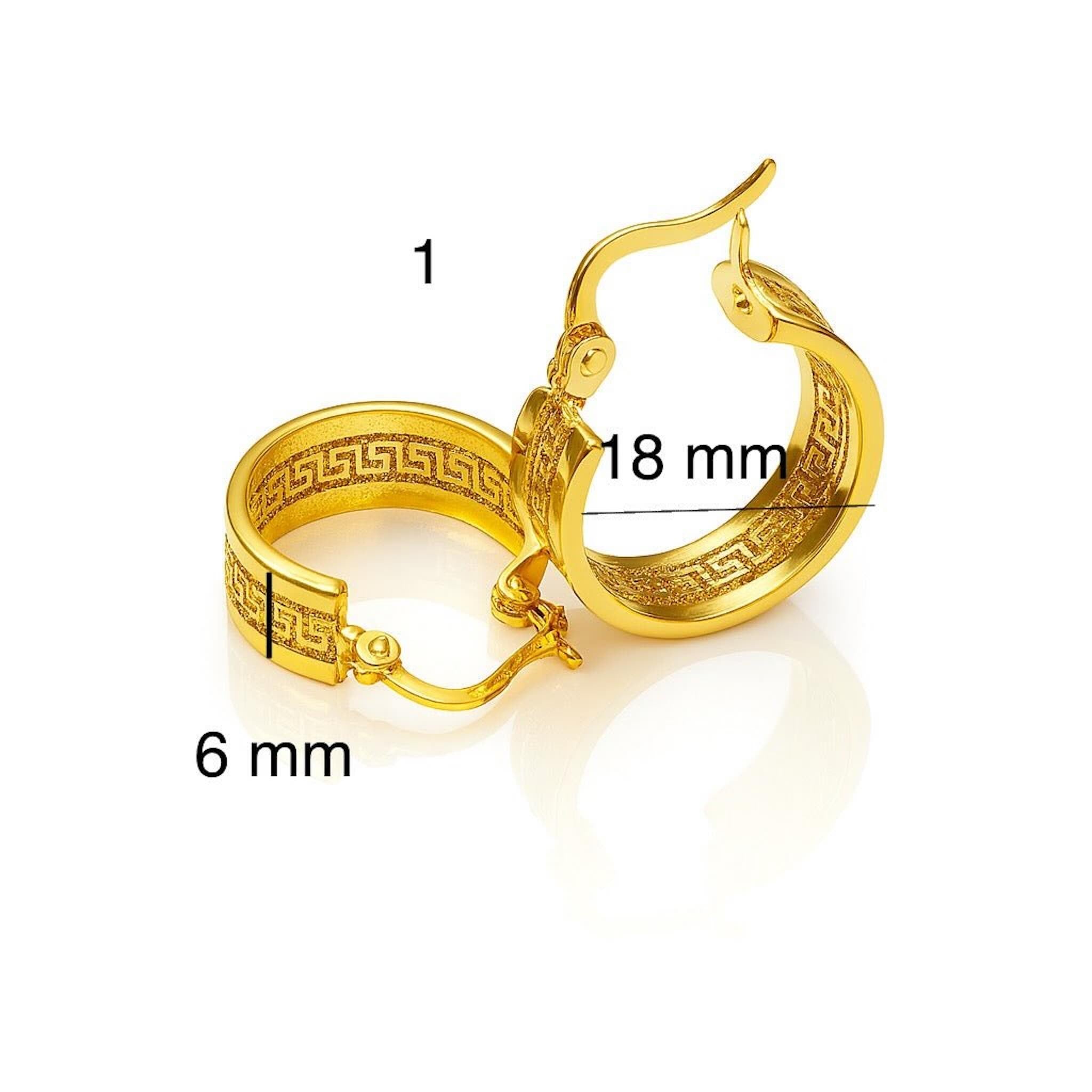 Argollas meandro en Oro 14K con cierre seguro y diseño clásico, detalle y medidas18x6 · TuOro