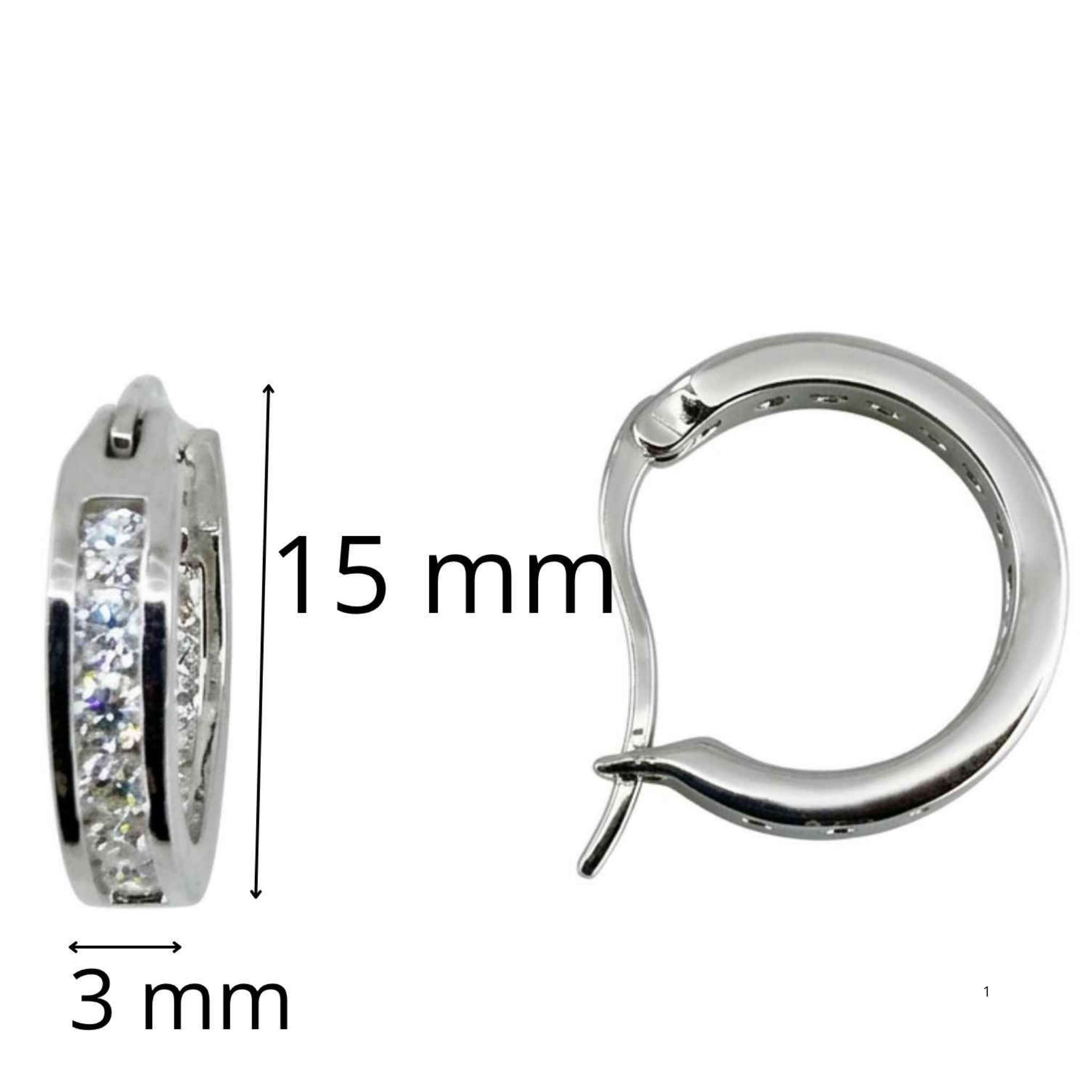 Argollas de Plata 925 con Rodio y piedras brillantes de 15 mm por 3 mm, detalle de tamaño y cierre seguro de TuOro.