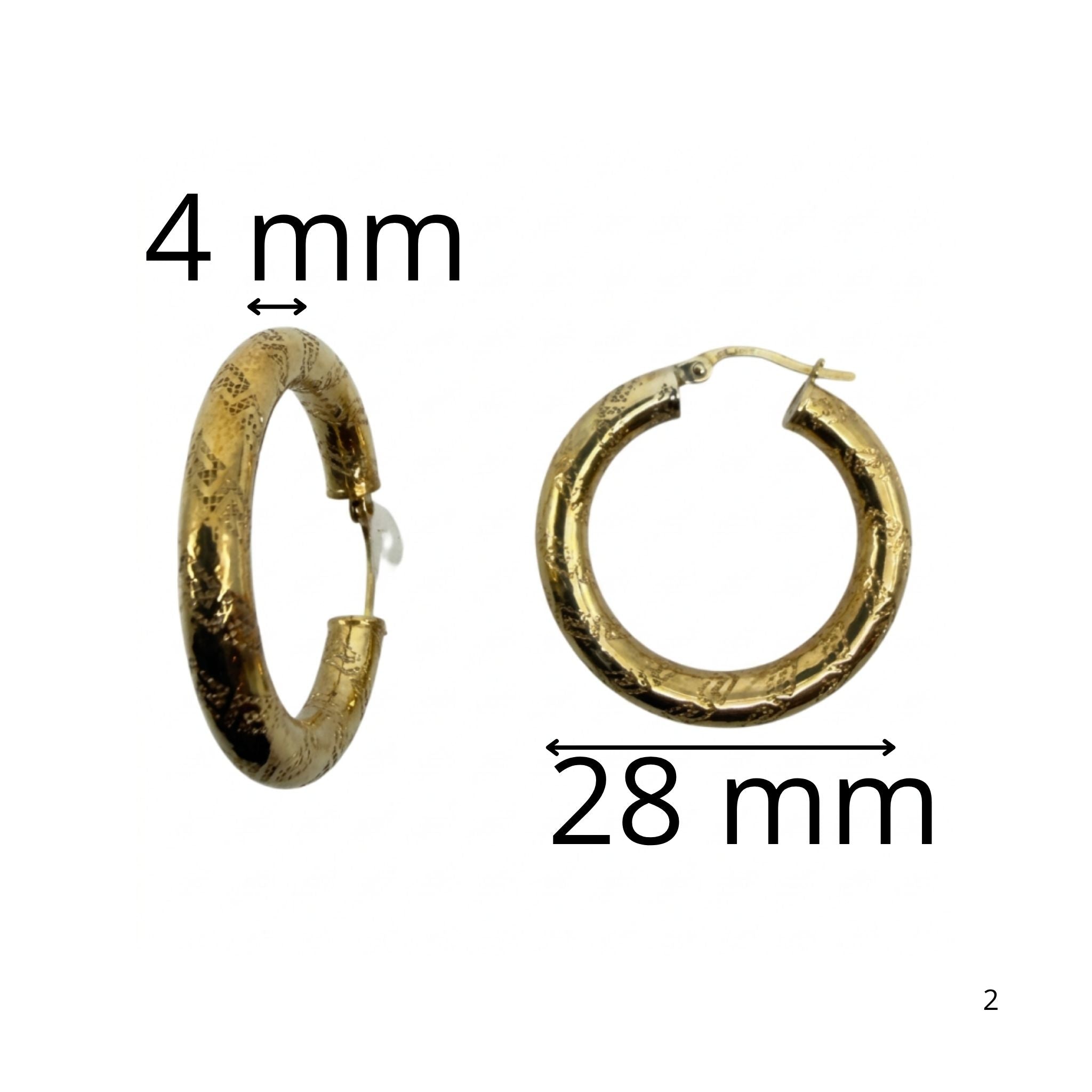 Argollas torcidas con acabado texturizado en oro 10K, de 4 mm de grosor y 28 mm de diámetro.