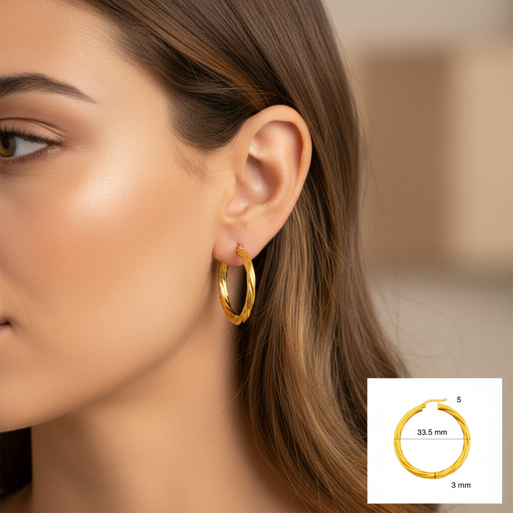 Argollas torcidas lisas de oro 14K 3 mm medidas 33.5 mm TuOro