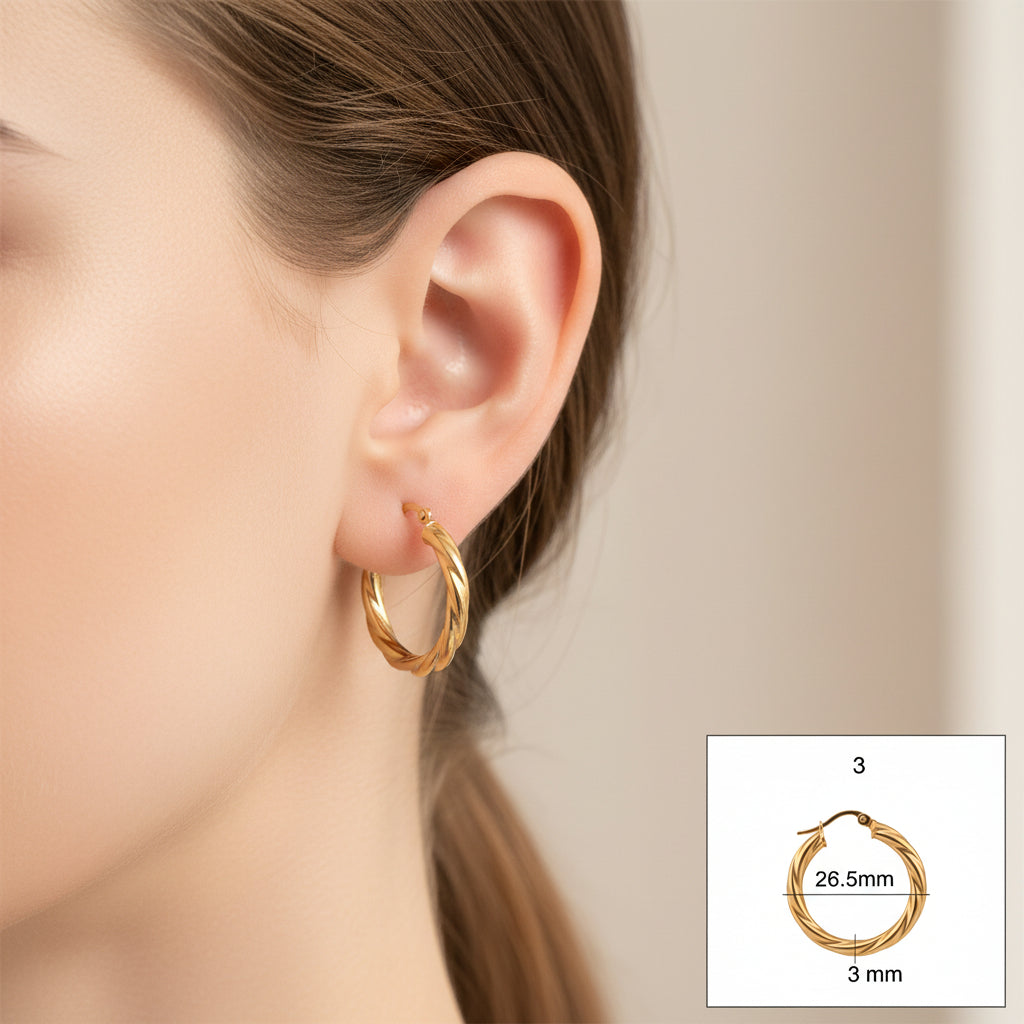 Argollas torcidas lisas de oro 14K 3 mm medidas 26.5 mmTuOro
