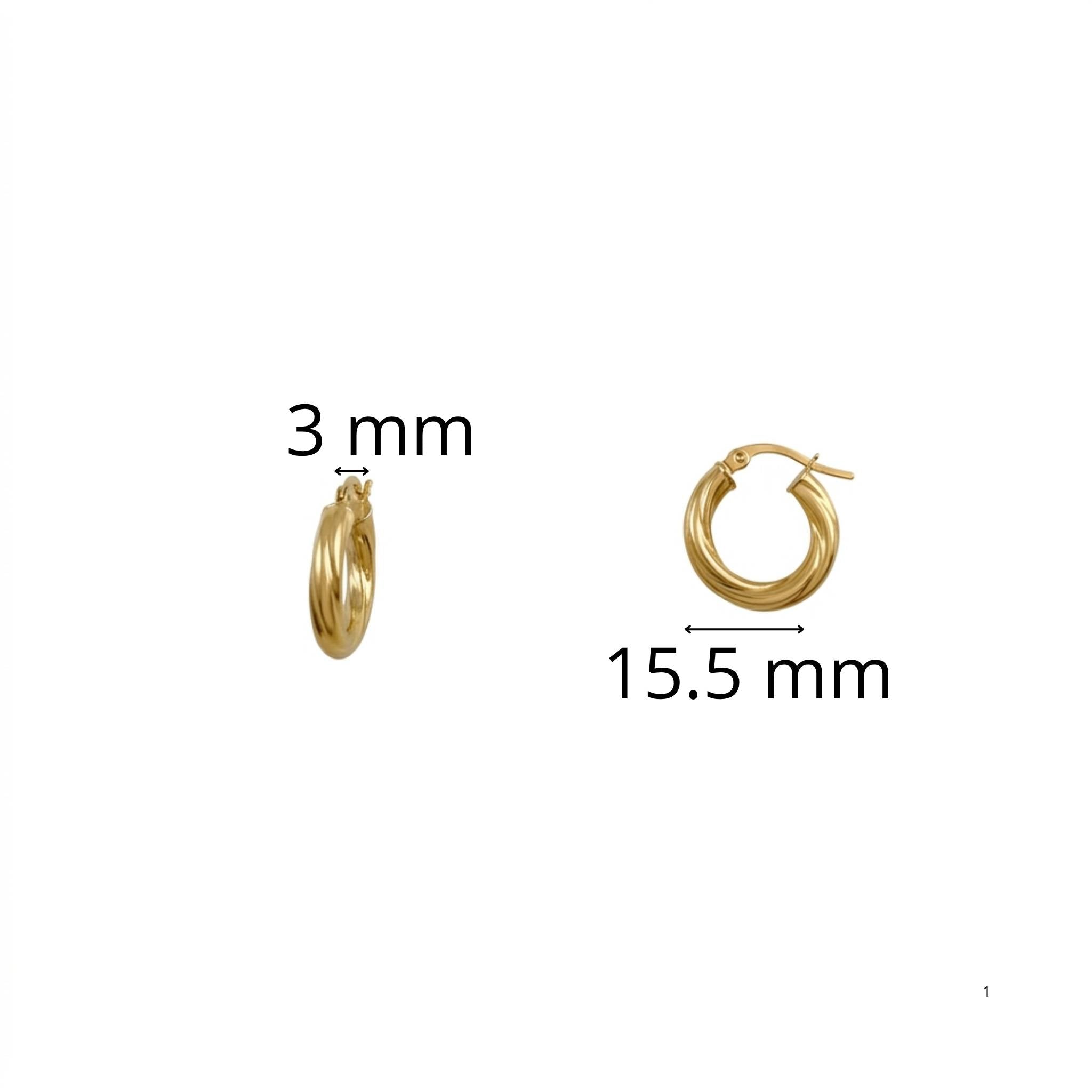 Argollas Torcidas Lisas en Oro 10K 3 mm de 15.5 mm, aretes pequeños de oro amarillo con diseño torcido liso.