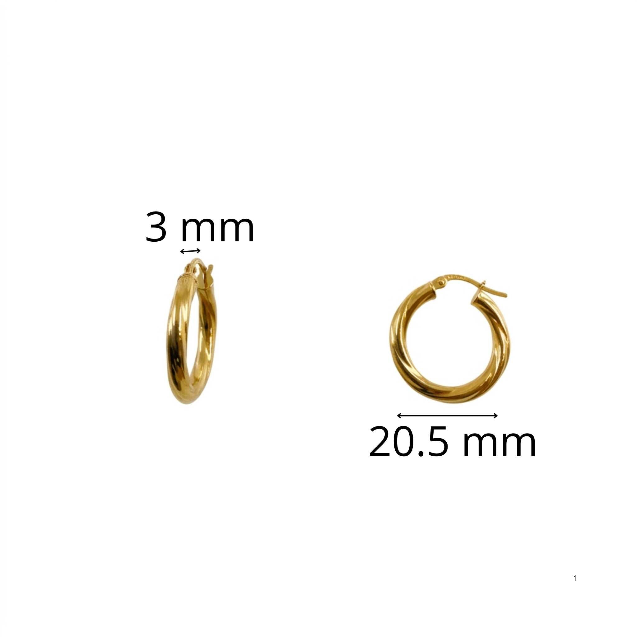 Argollas Torcidas Lisas en Oro 10K 3 mm de 20.5 mm, modelo Tuoro de uso diario con terminación lisa y pulida.