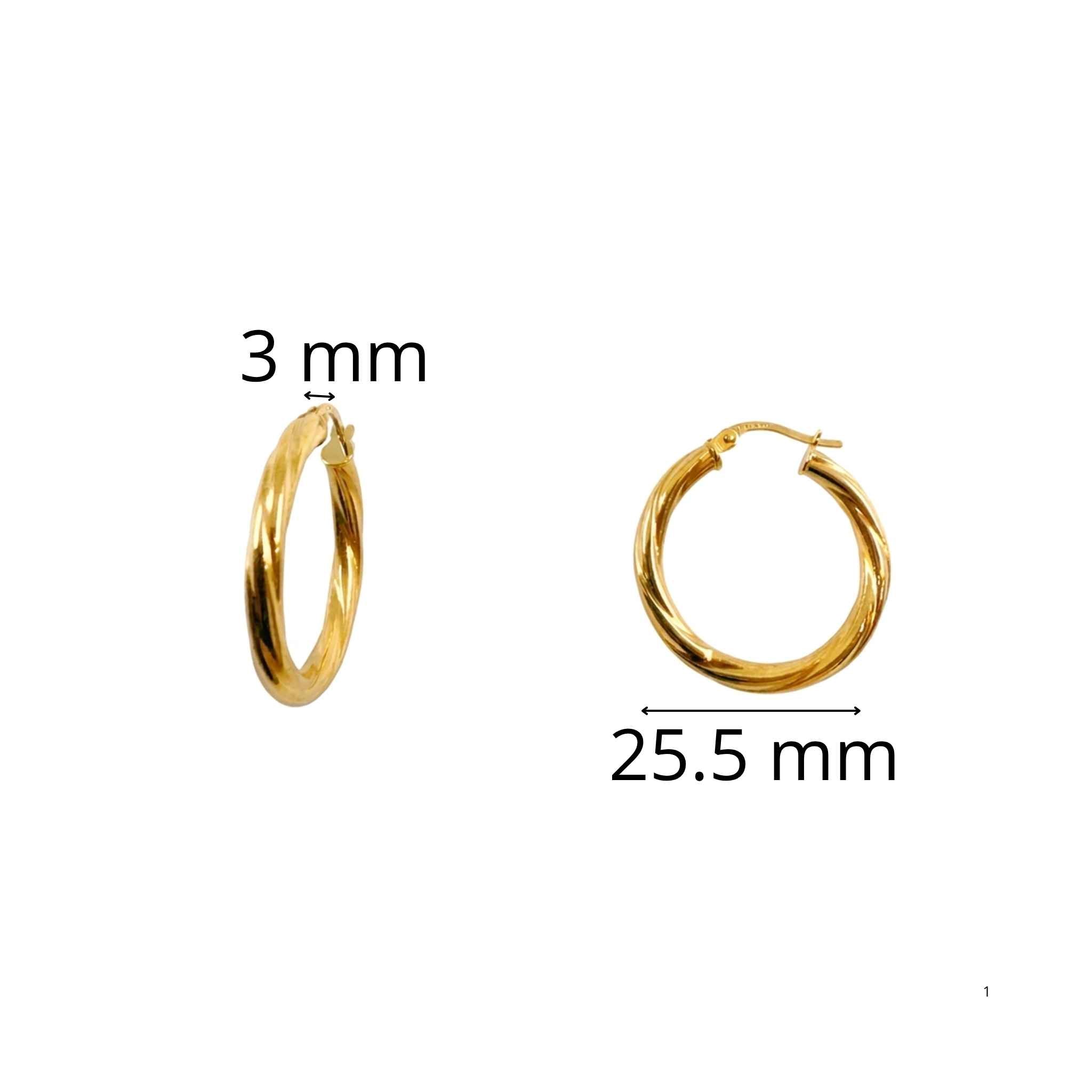Argollas Torcidas Lisas en Oro 10K 3 mm de 25.5 mm, argollas unisex en oro 10K con cierre de bisagra a presión.