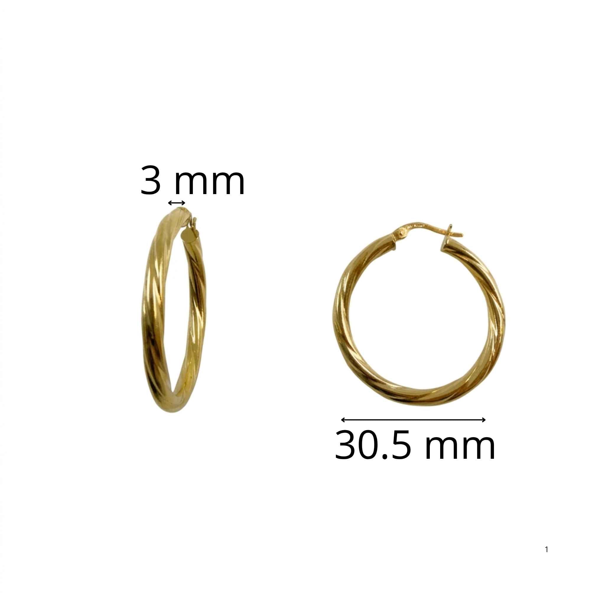Argollas Torcidas Lisas en Oro 10K 3 mm de 30.5 mm, diseño torcido liso en oro amarillo con brillo espejo.