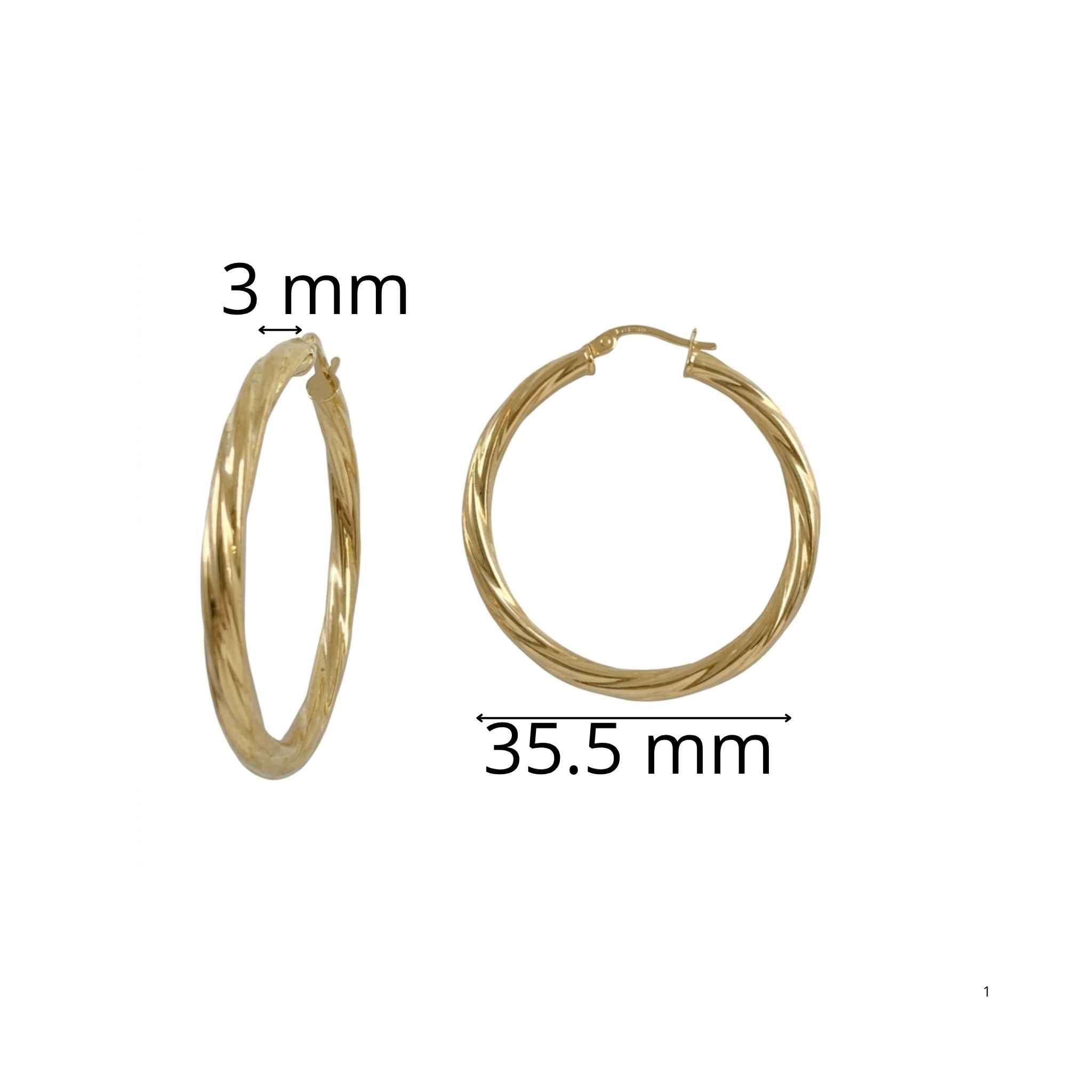 Argollas Torcidas Lisas en Oro 10K 3 mm de 35.5 mm, aretes de oro amarillo con acabado pulido y cierre de bisagra.