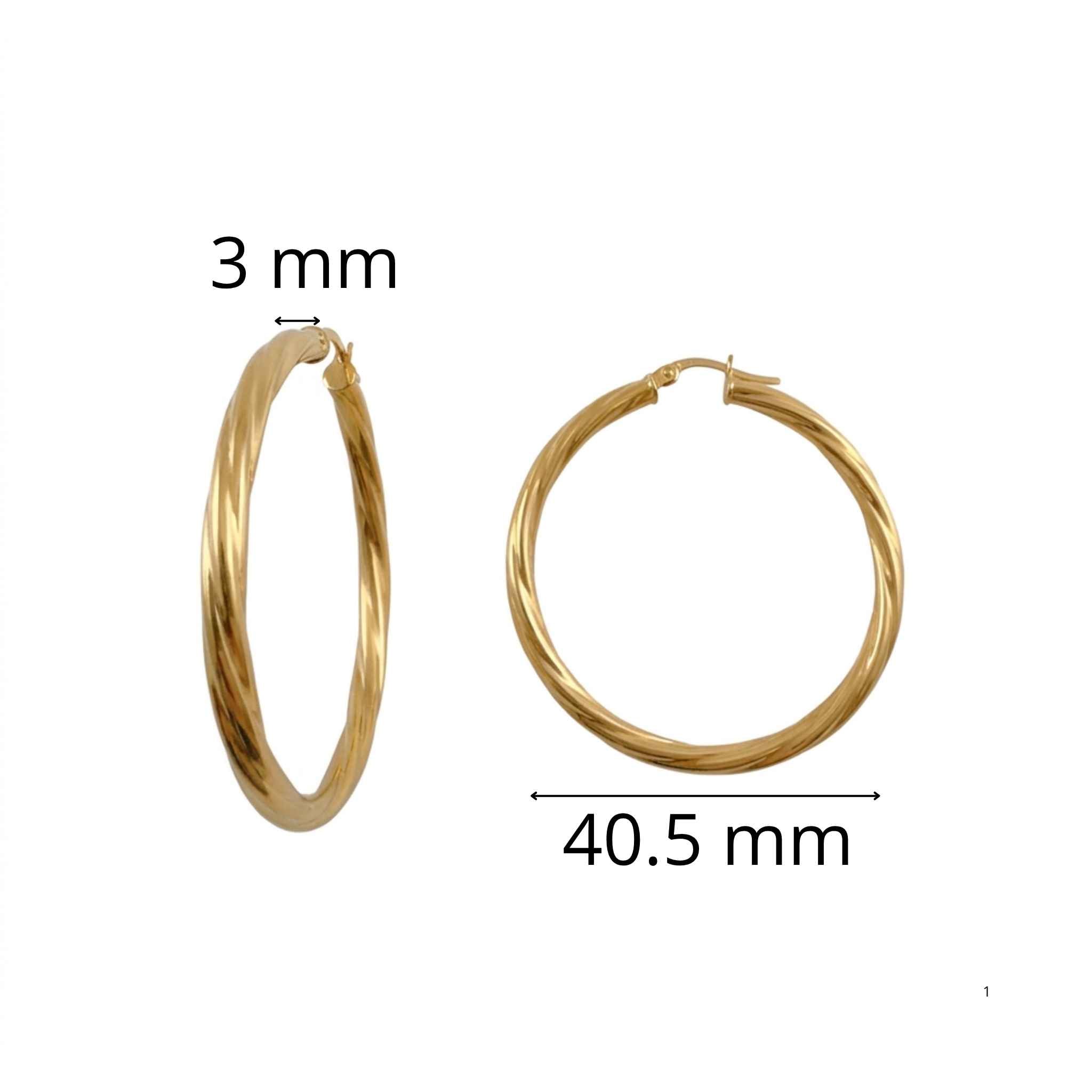 Argollas Torcidas Lisas en Oro 10K 3 mm de 40.5 mm, vista frontal y lateral con cierre de bisagra a presión.