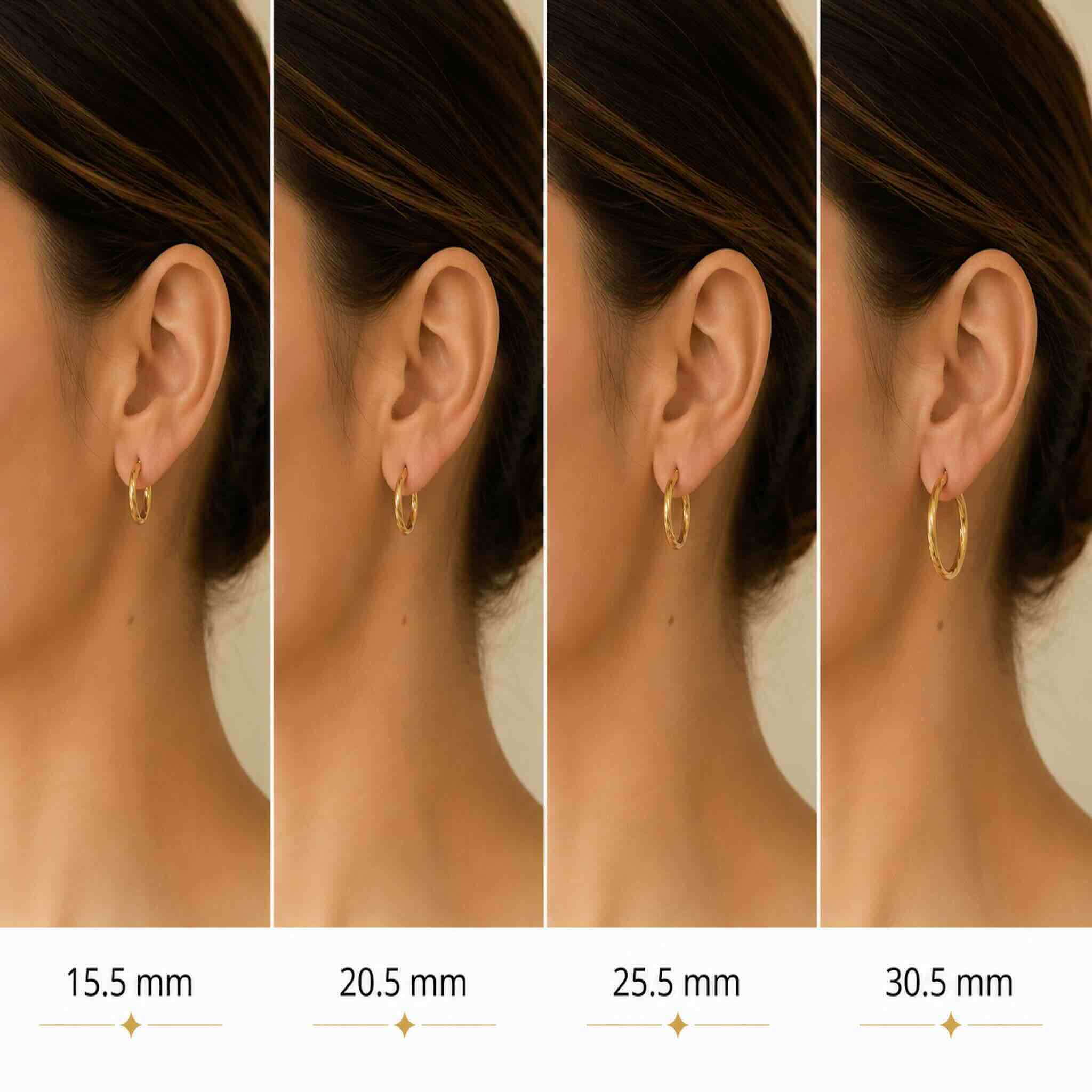 Collage de mujer joven usando Argollas Torcidas Lisas en Oro 10K 3 mm en tamaños 15.5 mm, 20.5 mm, 25.5 mm y 30.5 mm.