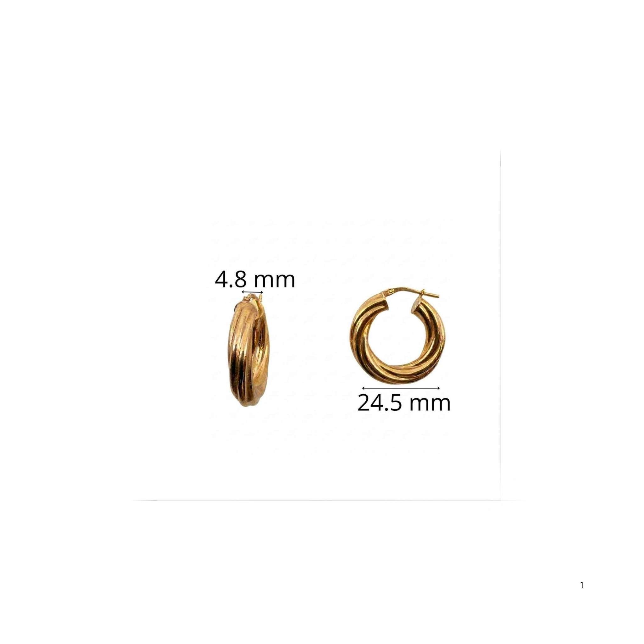 Argollas torcidas lisas en oro 10K de 4.8 mm de grosor y 24.5 mm de diámetro sobre fondo claro.