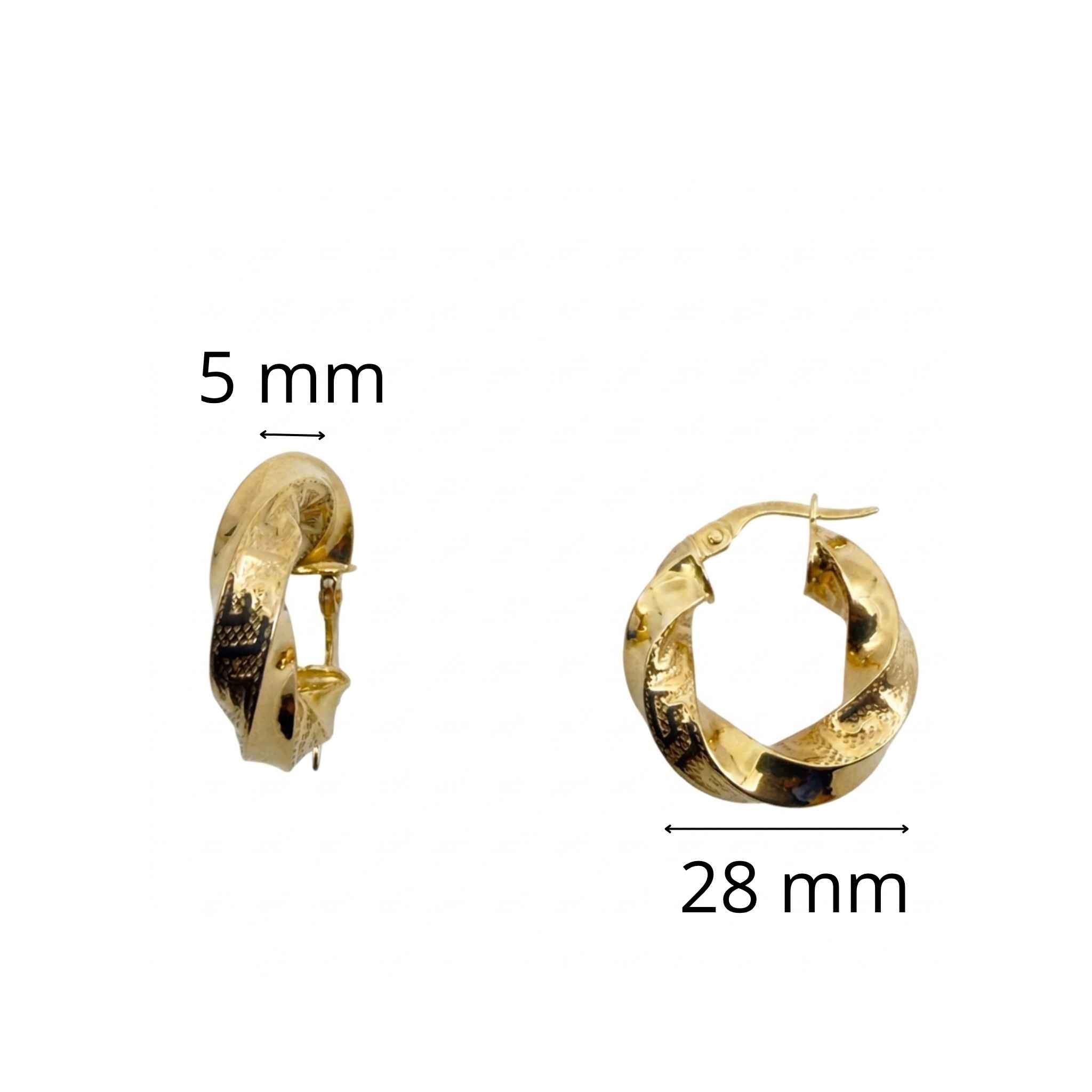Argollas torcidas de Oro 10K con ancho de 5 mm y diámetro aproximado de 28 mm