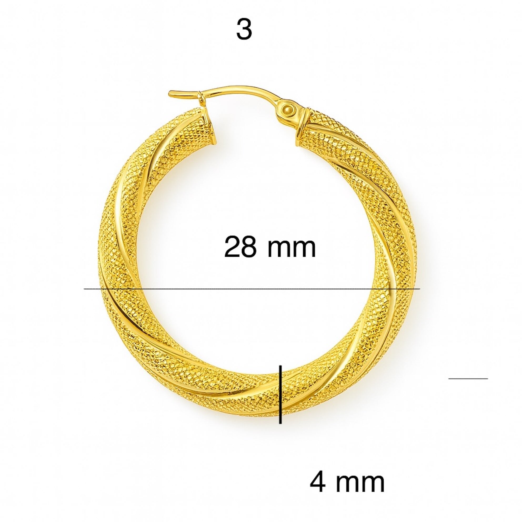 Argollas torcidas satinadas de oro 14K, grosor 4 mm, varios tamaños - Joyería TuOro