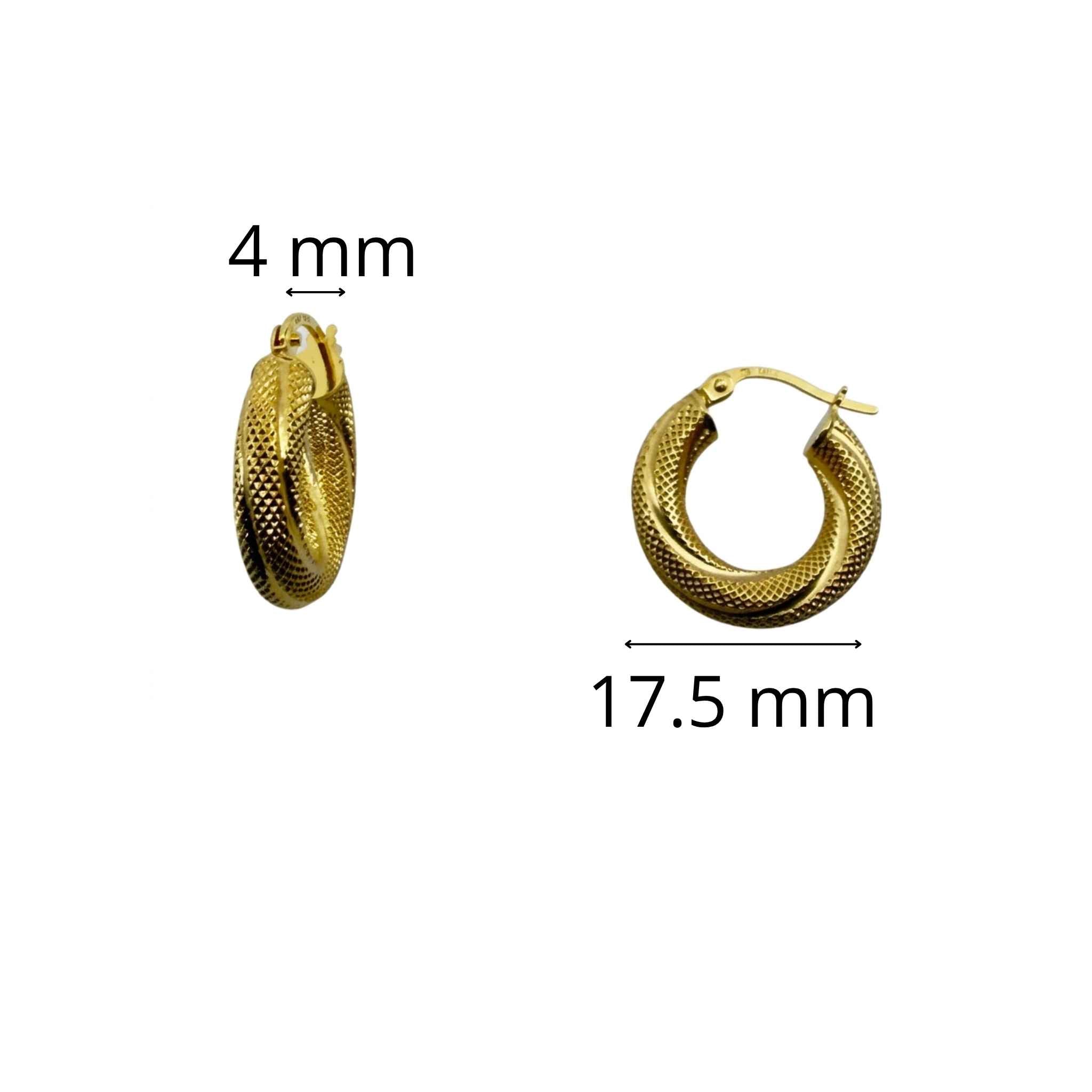 Argollas Torcidas Satinadas en Oro 10K 4 mm con medida de 17.5 mm de diámetro.