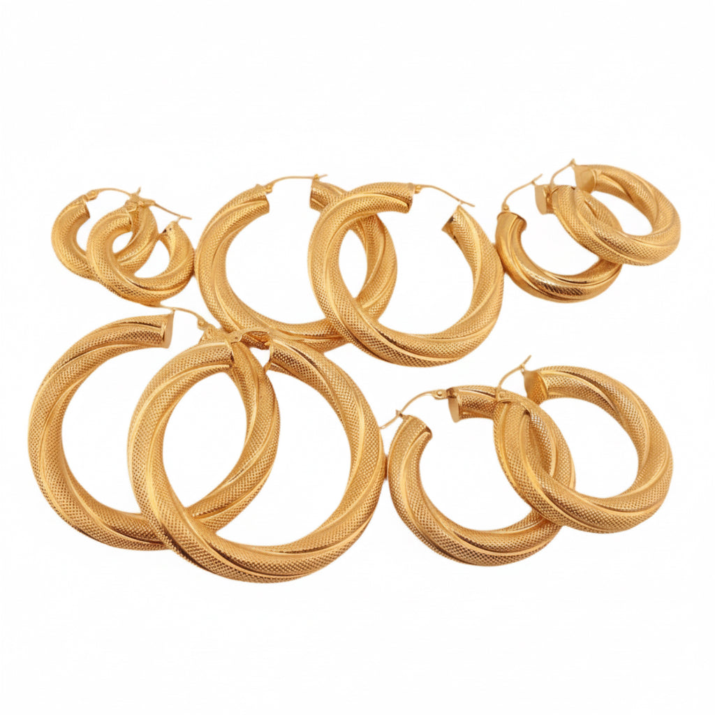 Argollas torcidas satinadas de oro 14K con 6 mm de grosor, colección completa en diferentes tamaños, diseño elegante y textura mate
