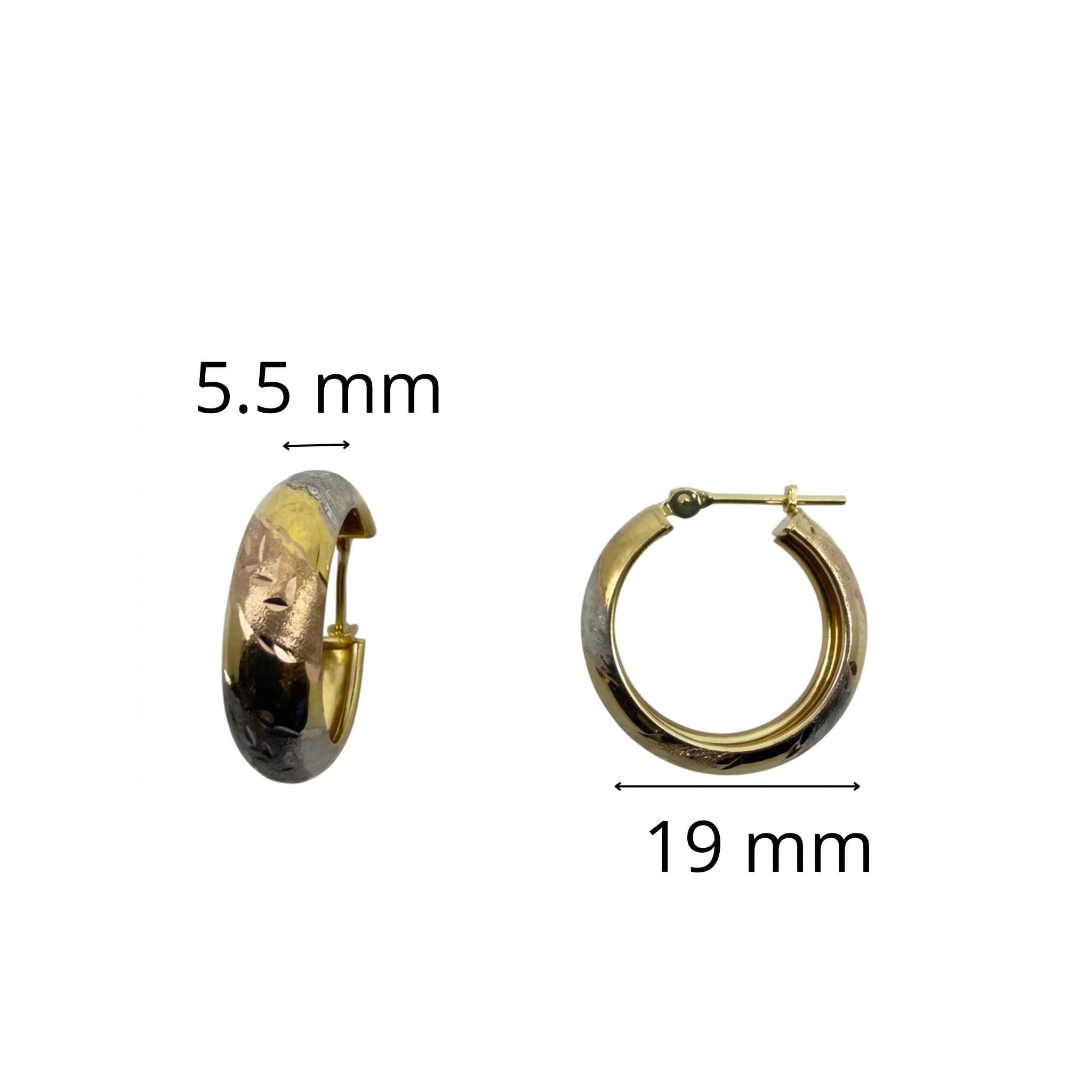 Argollas Tricolor en Oro 10K redondas de 19 mm con diseño elegante en oro amarillo, blanco y rosa.