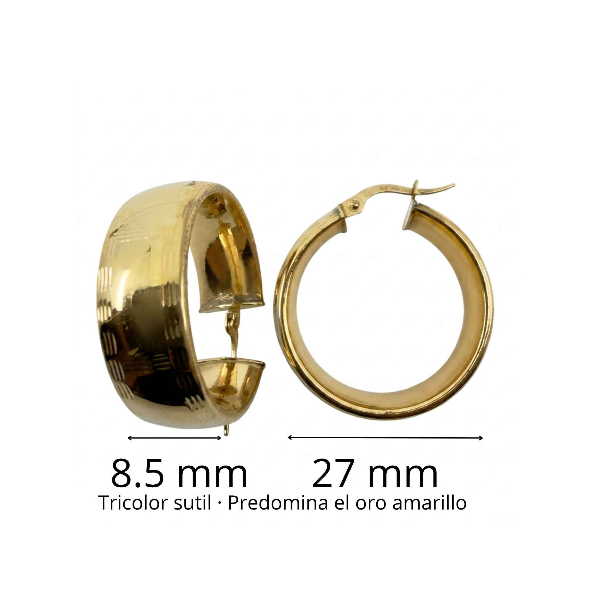 Argollas Tricolor en Oro 10K redondas de lámina con 27 mm, tricolor sutil donde predomina el oro amarillo.