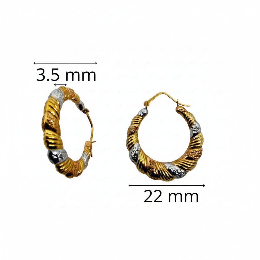 Argollas Tricolor en Oro 10K retorcidas de 22 mm con combinación de oro amarillo, blanco y rosa.